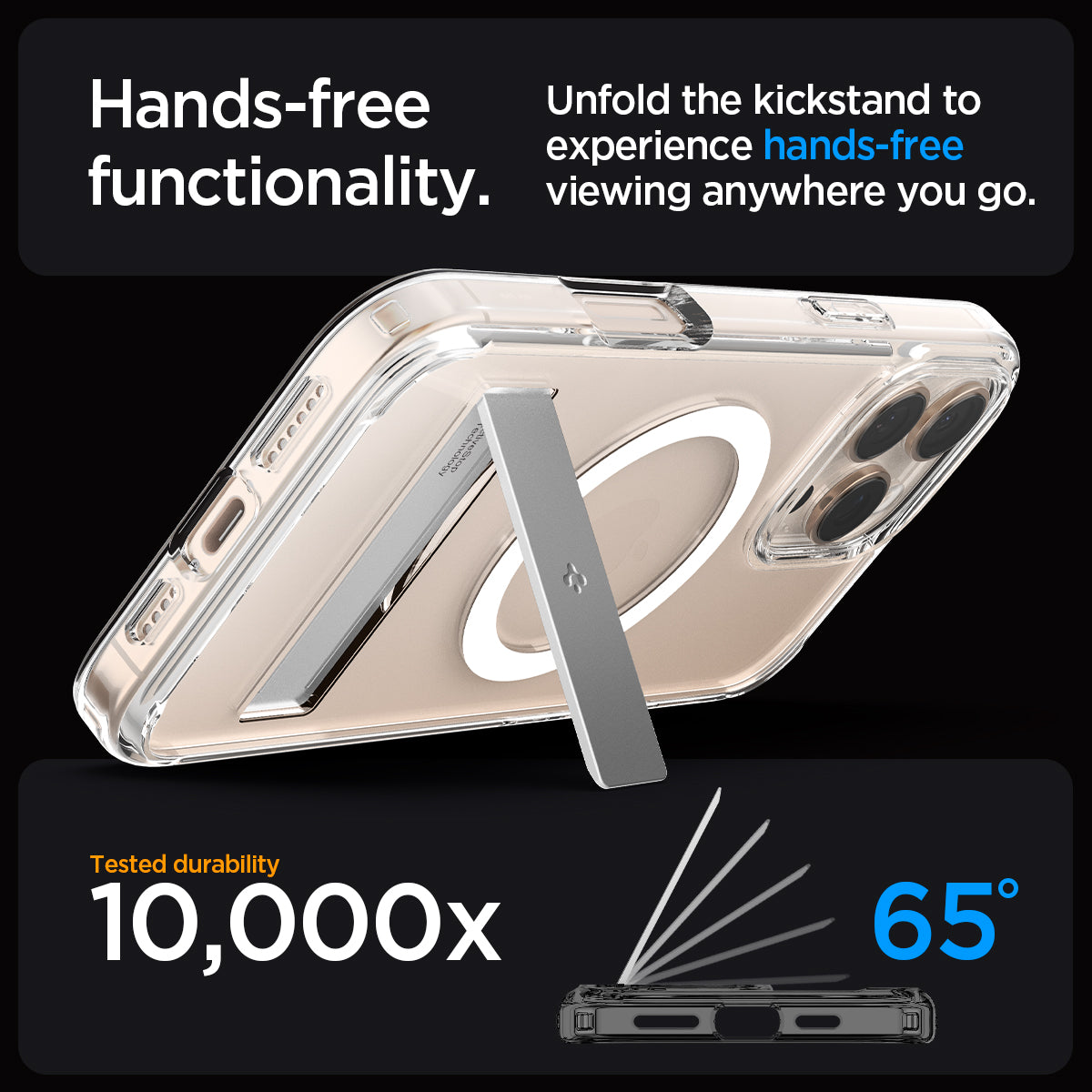ACS08142 - iPhone 16 Pro Case Ultra Hybrid S (MagFit) in Crystal Clear hands free functionality. Unfold the kickstand to experience hands free viewing anywhere you go. tested durability 10,000x