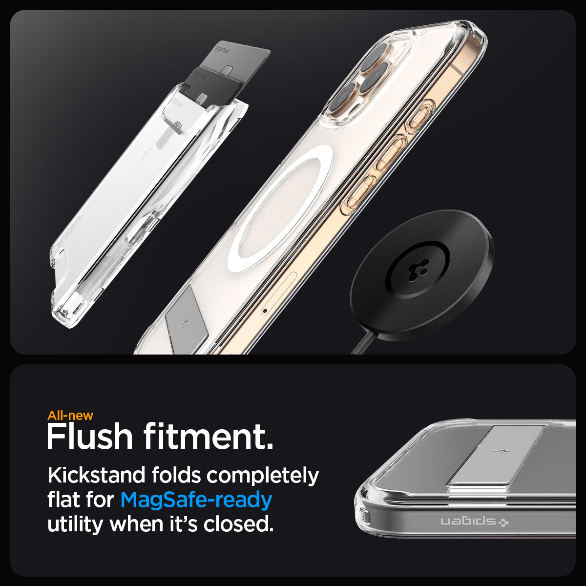 ACS08142 - iPhone 16 Pro Case Ultra Hybrid S (MagFit) in Crystal Clear all new flush fitment. Kick stand folds completely flat for mag safe ready utility when it's closed.