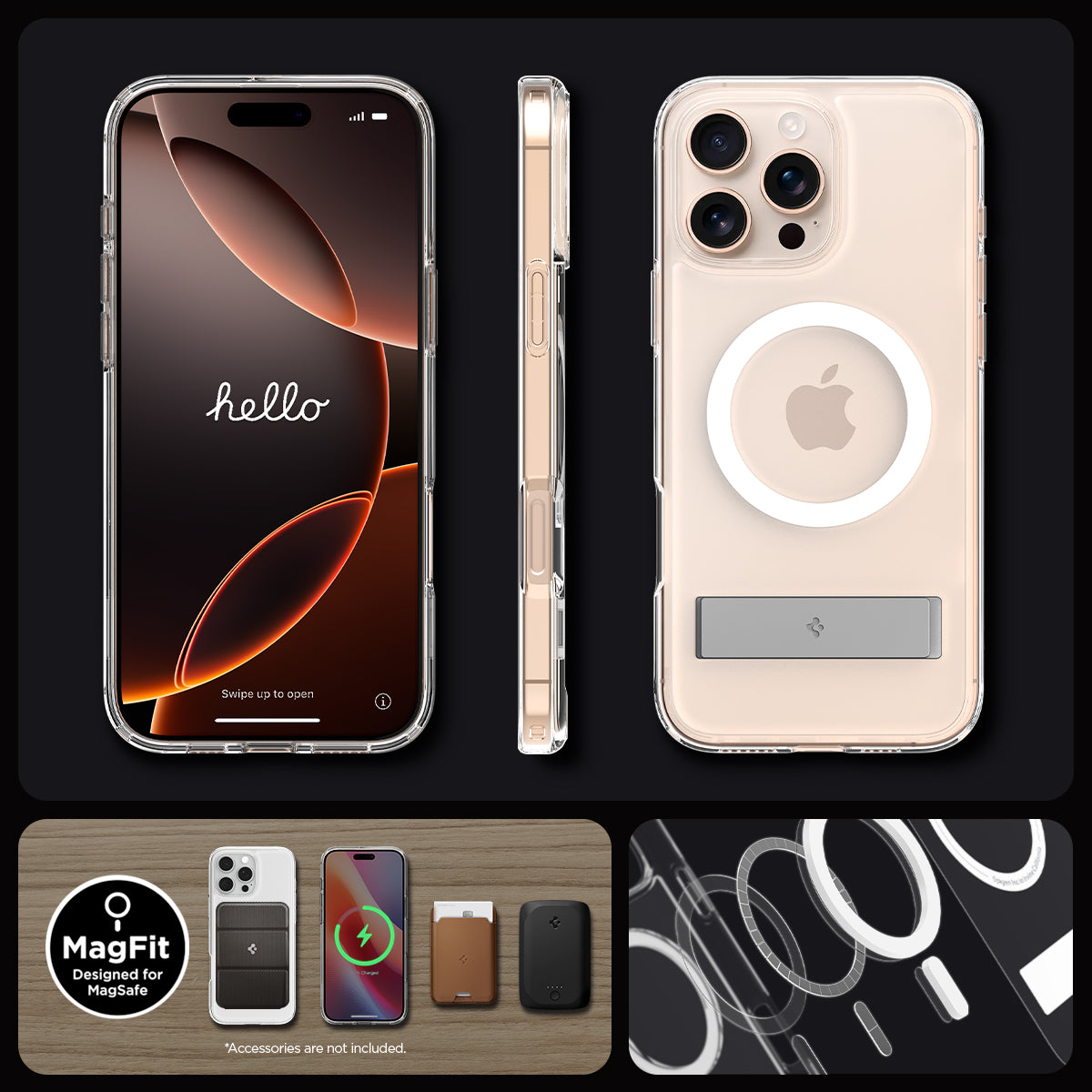 ACS08142 - iPhone 16 Pro Case Ultra Hybrid S (MagFit) in Crystal Clear showing front, side and back.