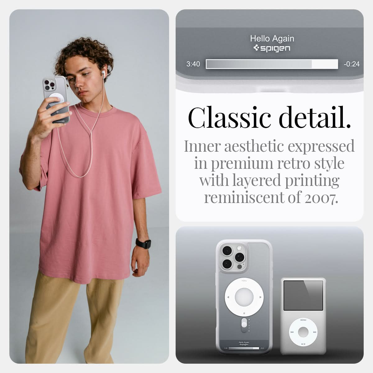 ACS08006 - iPhone 16 Pro Max Case Ultra Hybrid Classic (MagFit) in Classic Silver classic detail. Inner aesthetic expressed in premium retro style with layered printing reminiscent of 2007.