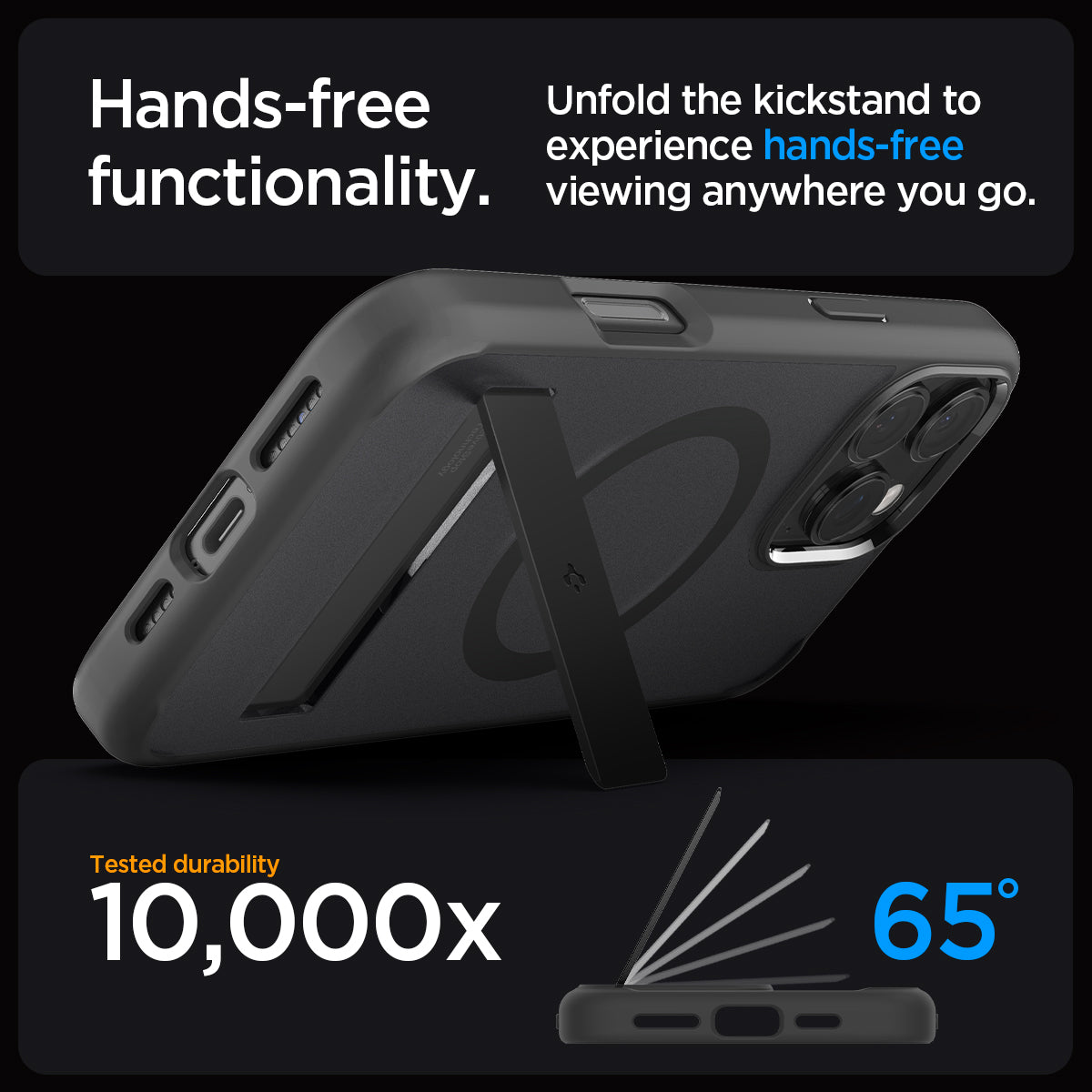 ACS08379 - iPhone 16 Pro Case Ultra Hybrid S (MagFit) in Frost Black hands free functionality. Unfold the kickstand to experience hands free viewing anywhere you go. tested durability 10,000x