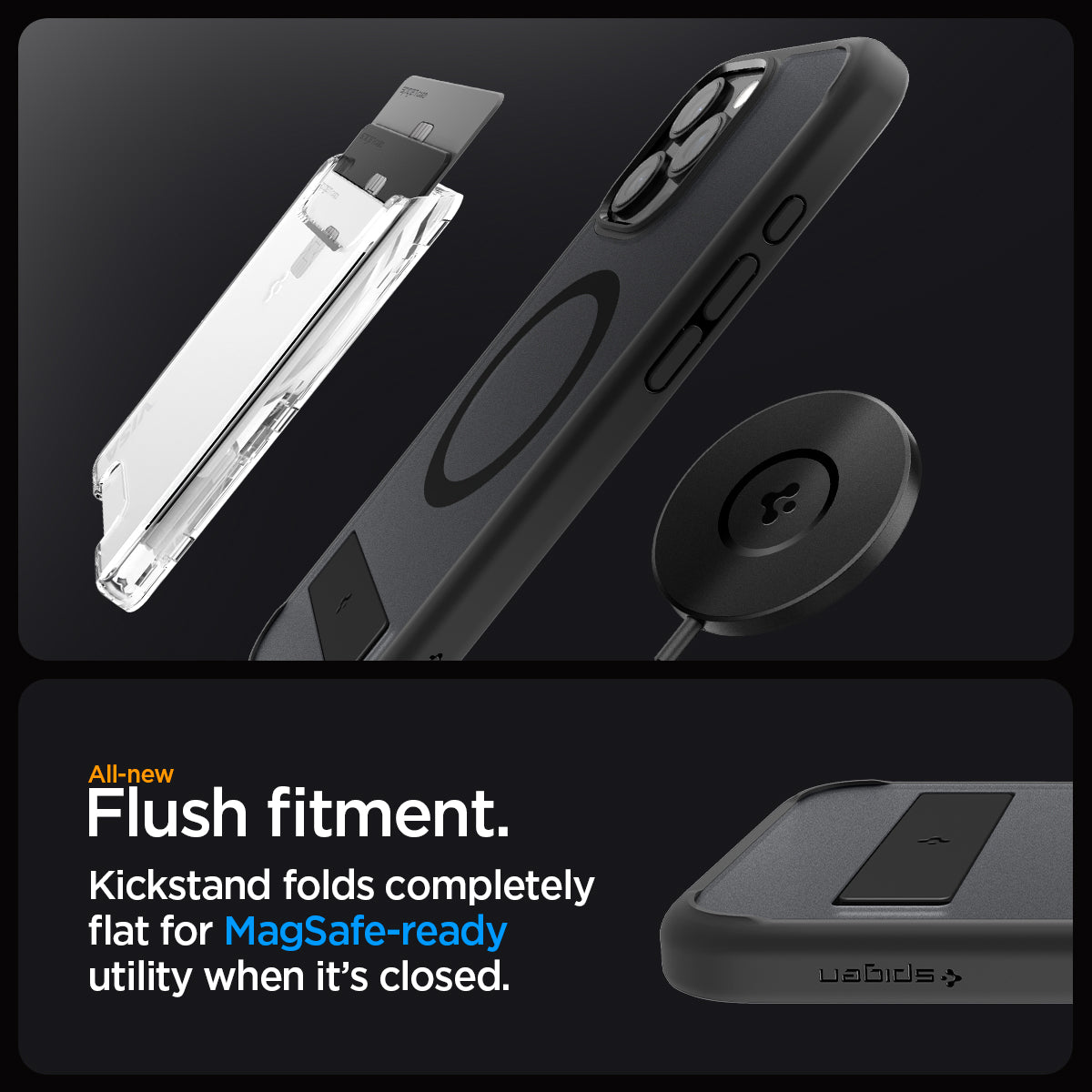 ACS08379 - iPhone 16 Pro Case Ultra Hybrid S (MagFit) in Frost Black all new flush fitment. Kick stand folds completely flat for mag safe ready utility when it's closed.