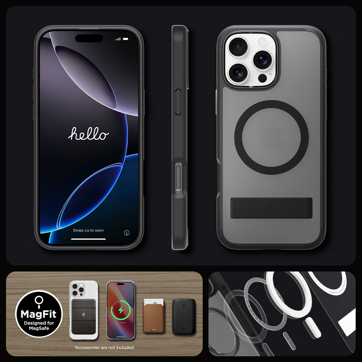 ACS08379 - iPhone 16 Pro Case Ultra Hybrid S (MagFit) in Frost Black showing front, side and back.
