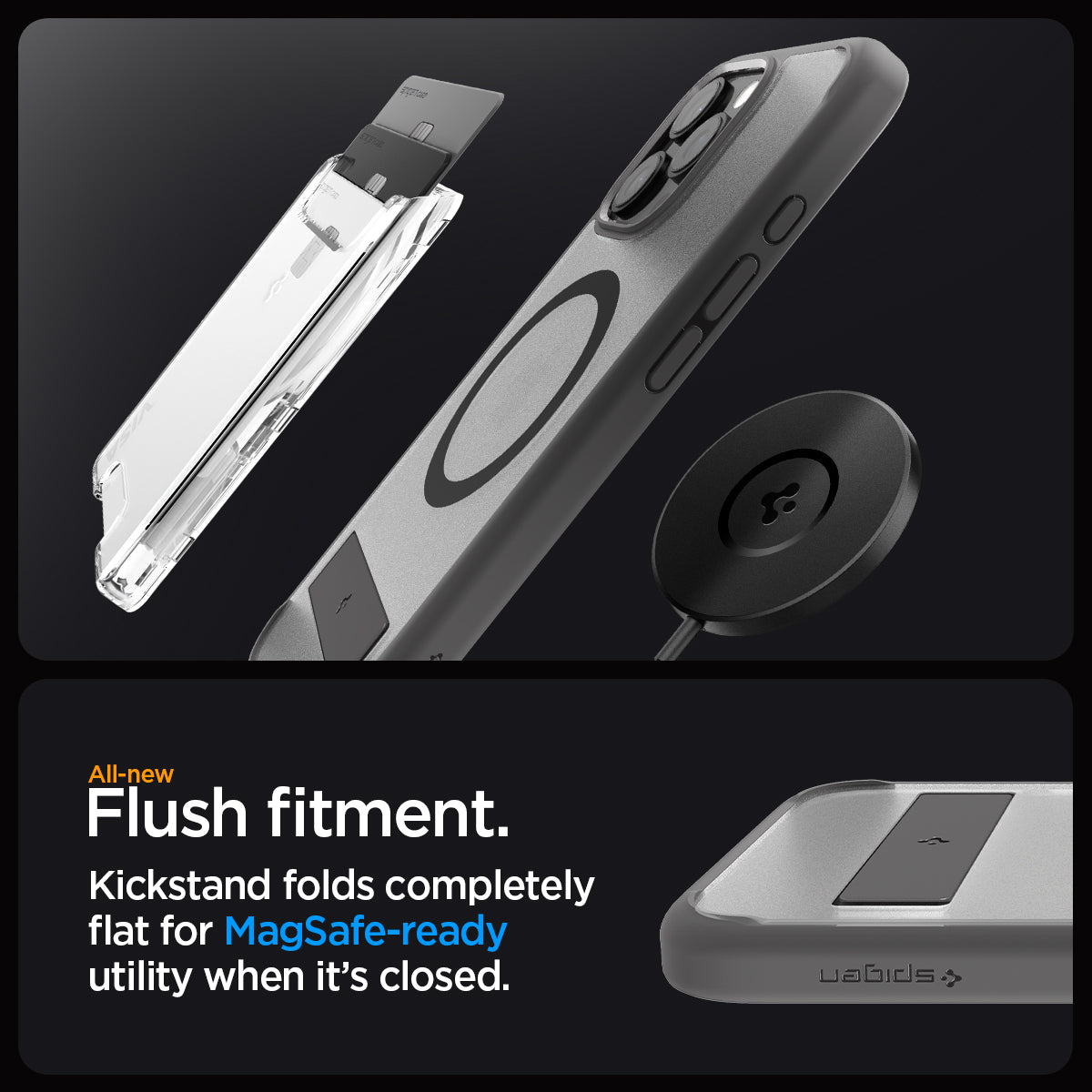 ACS08380 - iPhone 16 Pro Case Ultra Hybrid S (MagFit) in Frost Gray all new flush fitment. Kick stand folds completely flat for mag safe ready utility when it's closed.