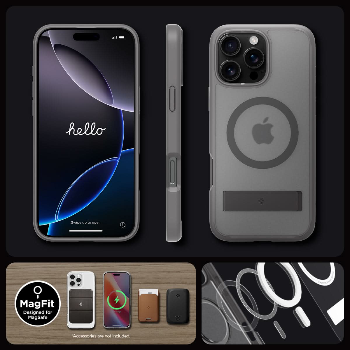 ACS08380 - iPhone 16 Pro Case Ultra Hybrid S (MagFit) in Frost Gray showing front, side and back.
