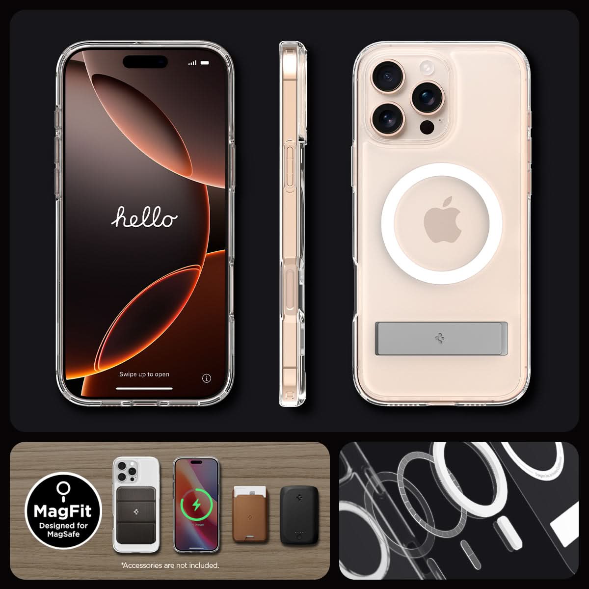 ACS08009 - iPhone 16 Pro Max Case Ultra Hybrid S (MagFit) in Crystal Clear showing front, side and back.
