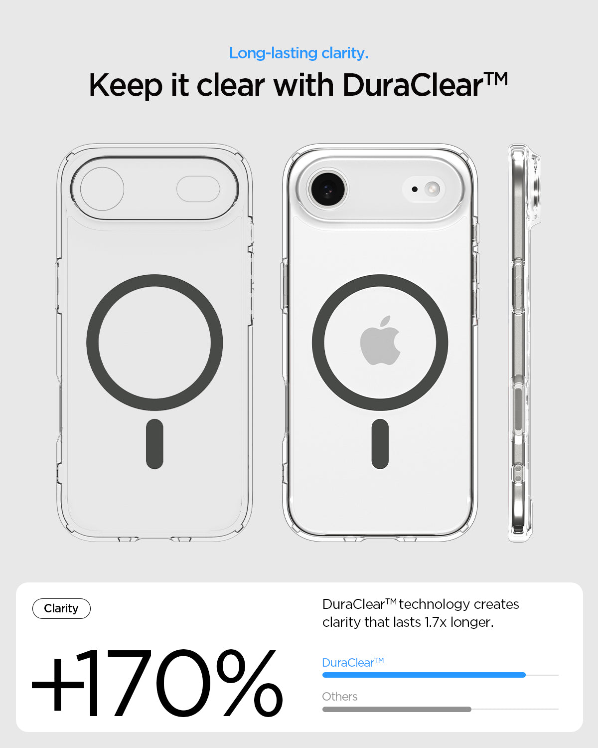 ACS10052 - iPhone 17 Air Ultra Hybrid (MagFit) in Clear Graphite showing long lasting clarity. keep it clear with duraclear.