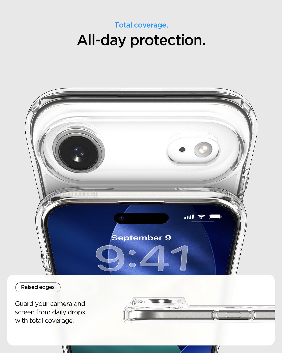 ACS10052 - iPhone 17 Air Ultra Hybrid (MagFit) in Clear Graphite showing total coverage. all day protection. raised edges guard your camera and screen from daily drops with total coverage.