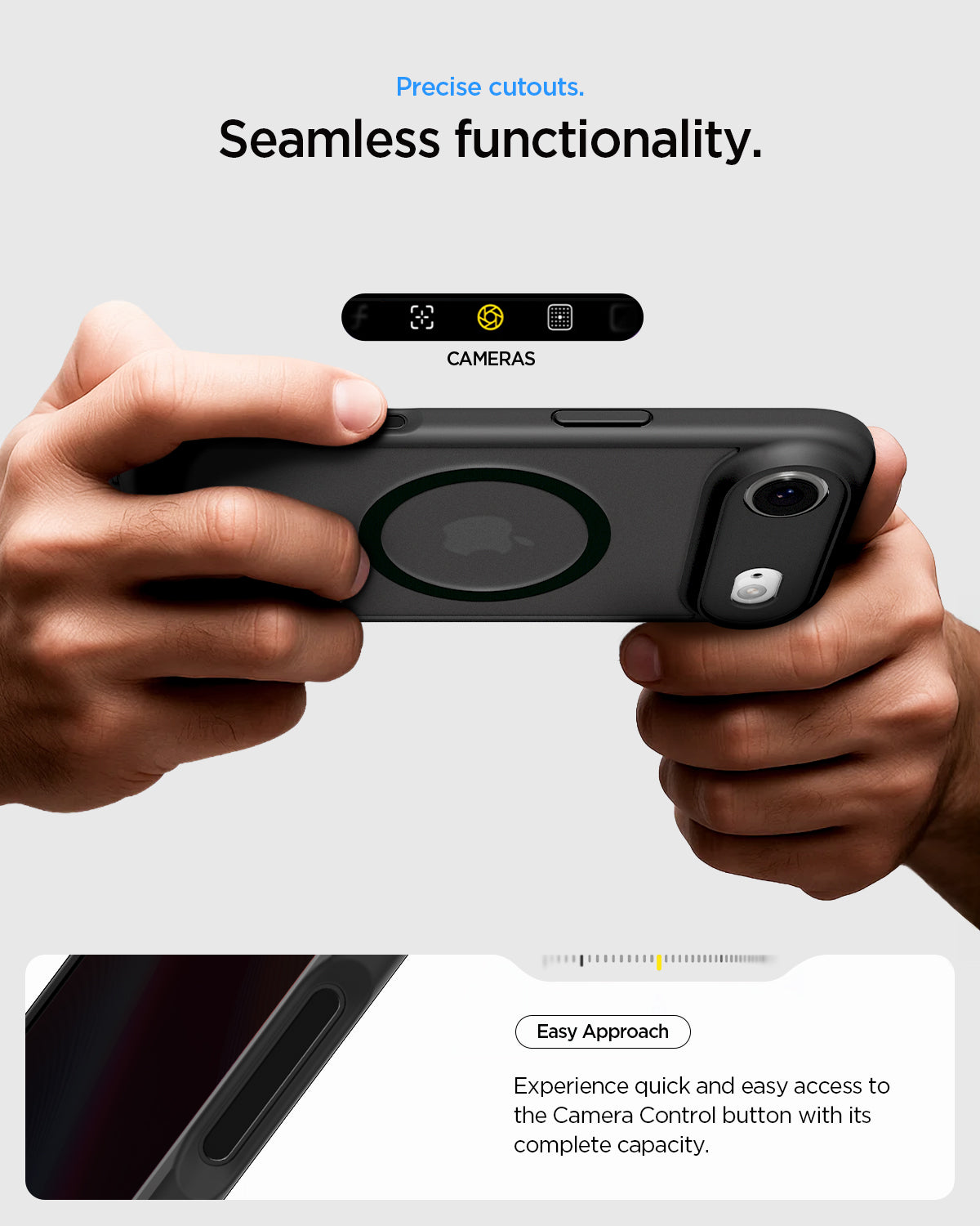ACS10054 - iPhone 17 Air Ultra Hybrid (MagFit) in Frost Black showing precise cutouts. seamless functionality. easy approach. experience quick and easy access to the camera control button with its complete capacity.