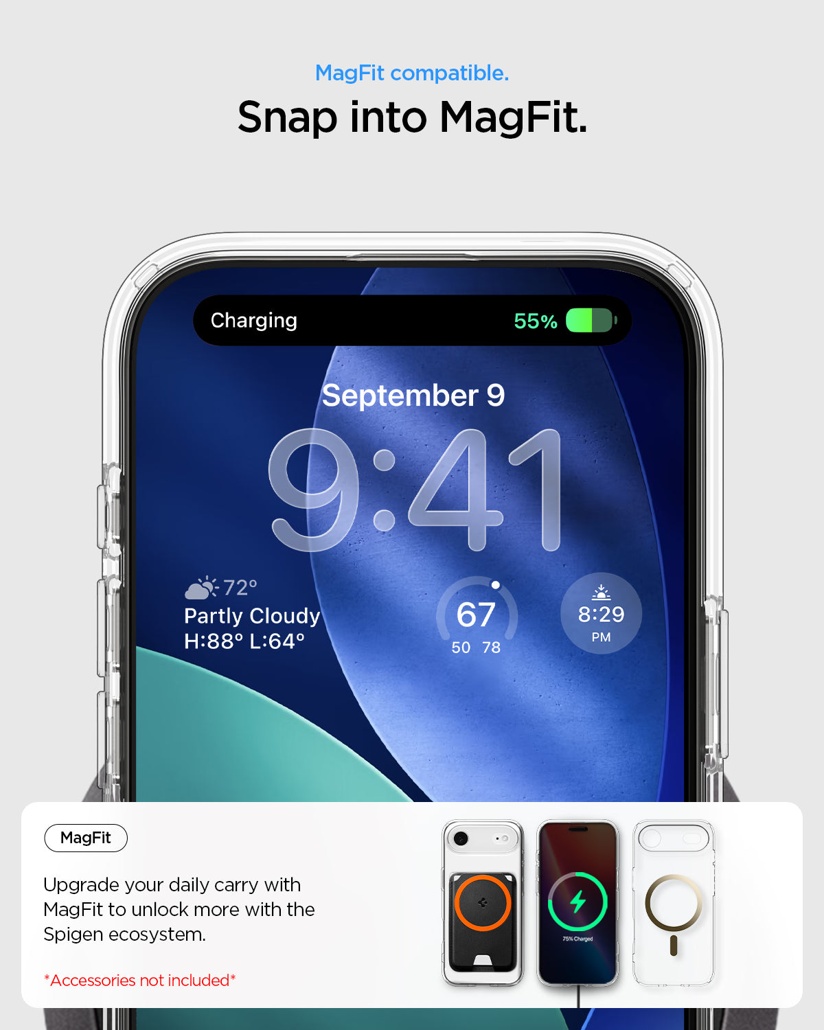 ACS10053 - iPhone 17 Air Ultra Hybrid (MagFit) in Clear Gold showing magfit compatible. snap into magfit. upgrade your daily carry with magfit to unlock more with the spigen ecosystem.