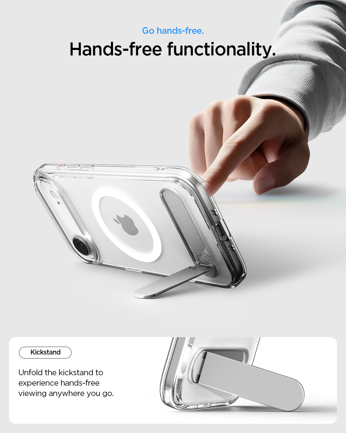 ACS09926 - iPhone 17 Air Case Ultra Hybrid S (MagFit) showing the hands free functionality. Unfold the kickstand to experience hands free viewing anywhere you go.