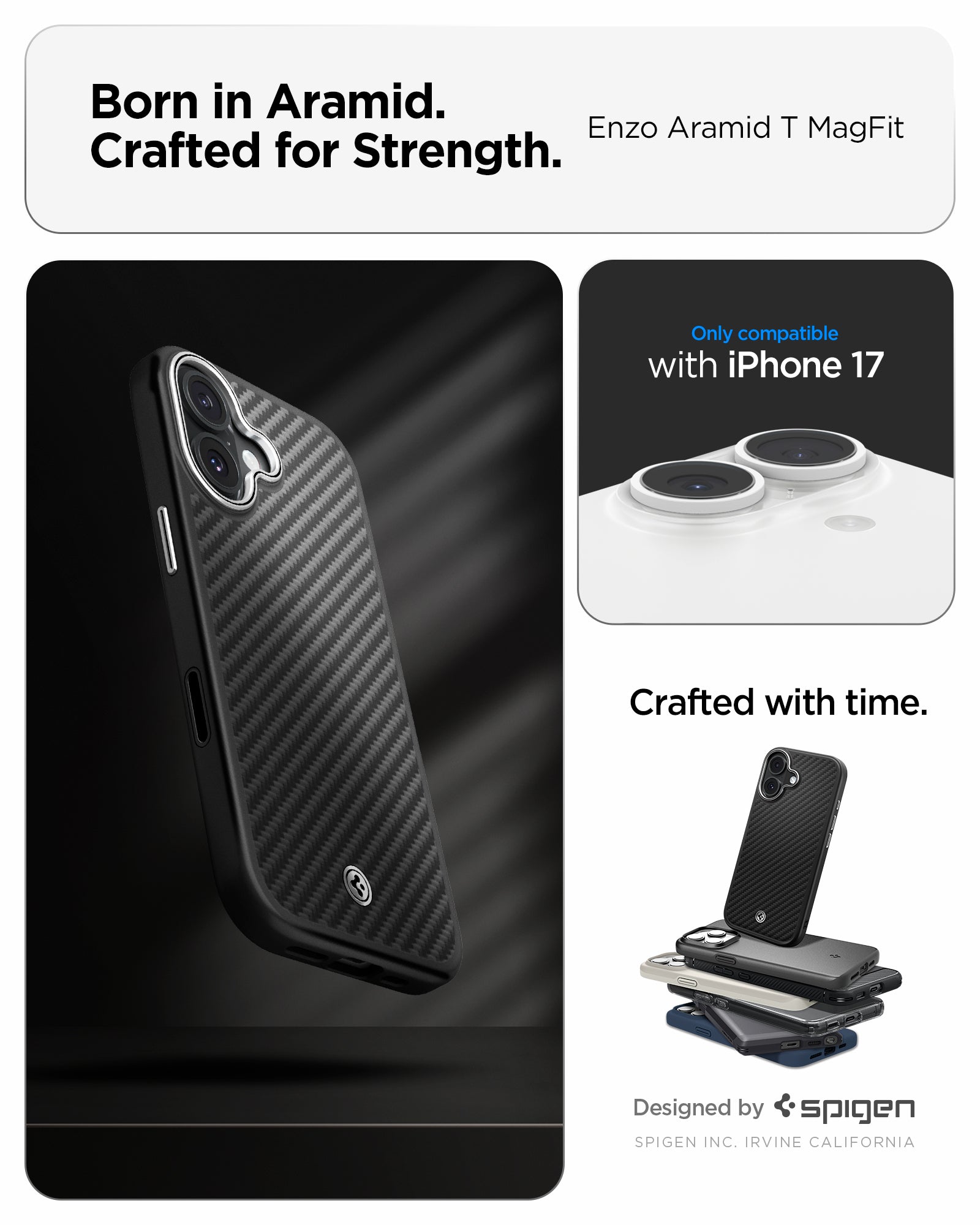 ACS09989 - iPhone 17 Case Enzo Aramid T in black showing the born in aramid, crafted for strength. Only compatible with iphone 17