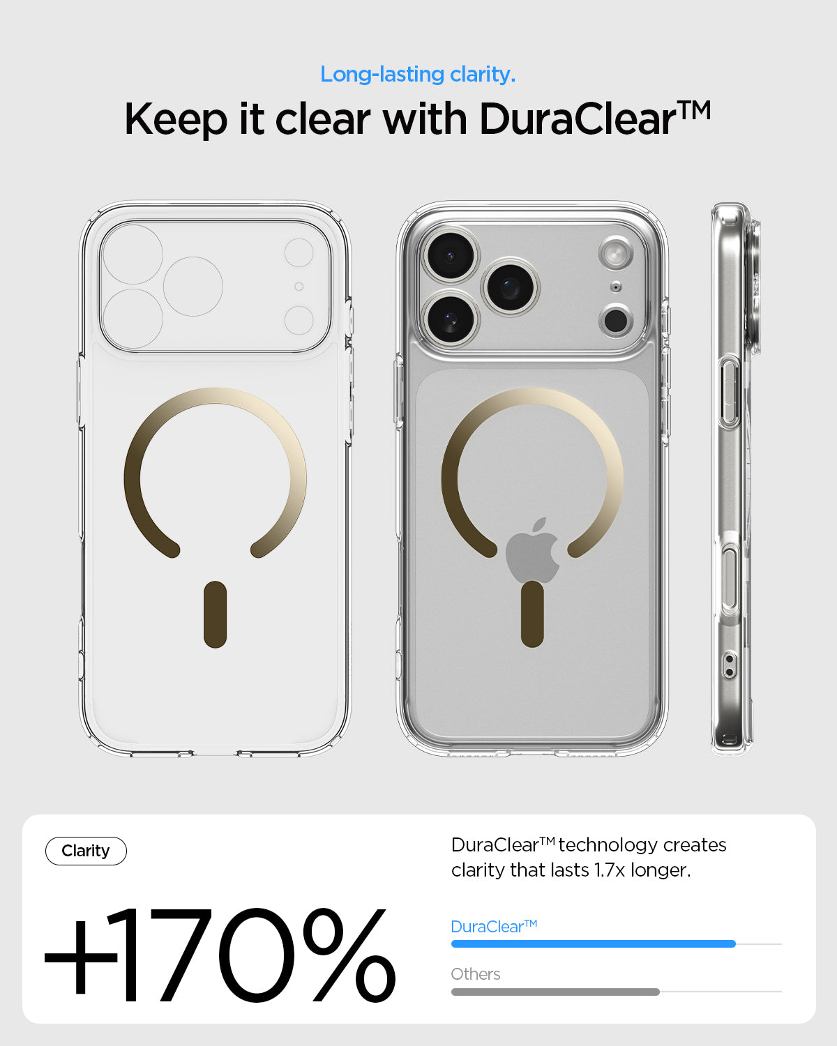 ACS10068 - iPhone 17 Pro Ultra Hybrid (MagFit) in Clear Gold showing long lasting clarity. keep it clear with duraclear.