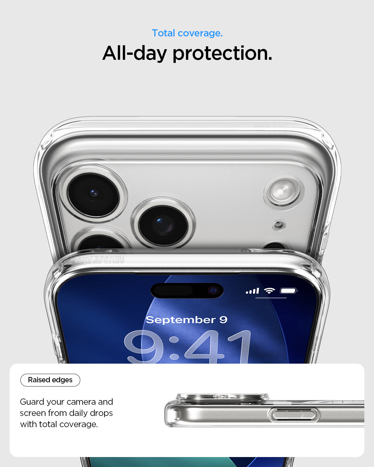 ACS10070 - iPhone 17 Pro Ultra Hybrid (MagFit) in Frost White showing total coverage. all day protection. raised edges guard your camera and screen from daily drops with total coverage.