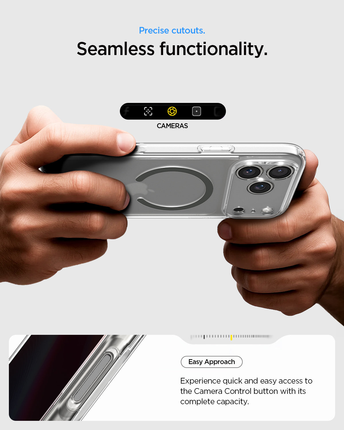 ACS10036 - iPhone 17 Pro Max Ultra Hybrid (MagFit) in Clear Graphite showing precise cutouts. seamless functionality. easy approach. experience quick and easy access to the camera control button with its complete capacity.
