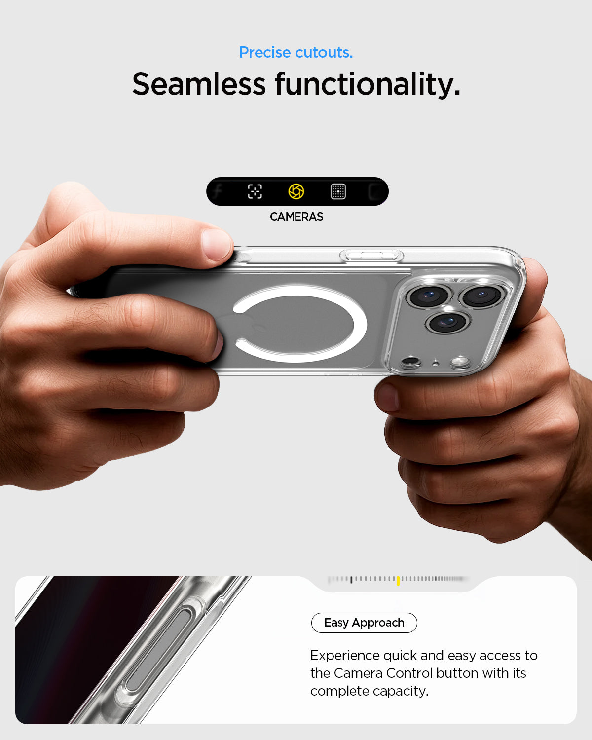 ACS10066 - iPhone 17 Pro Ultra Hybrid (MagFit) in Clear White showing precise cutouts. seamless functionality. easy approach. experience quick and easy access to the camera control button with its complete capacity.