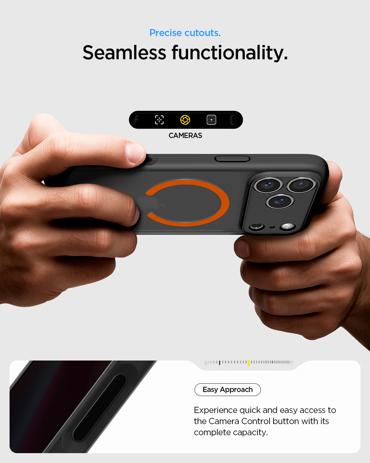 ACS10481 - iPhone 17 Pro Ultra Hybrid (MagFit) in Frost Black Orange showing precise cutouts. seamless functionality. easy approach. experience quick and easy access to the camera control button with its complete capacity.