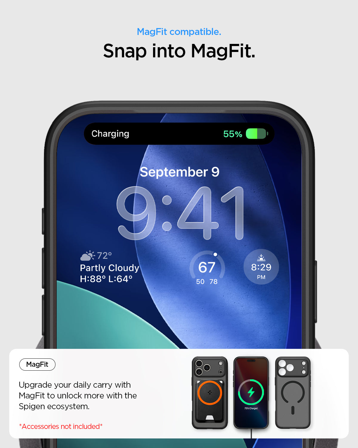 ACS10038 - iPhone 17 Pro Max Ultra Hybrid (MagFit) in Frost Black showing magfit compatible. snap into magfit. upgrade your daily carry with magfit to unlock more with the spigen ecosystem.
