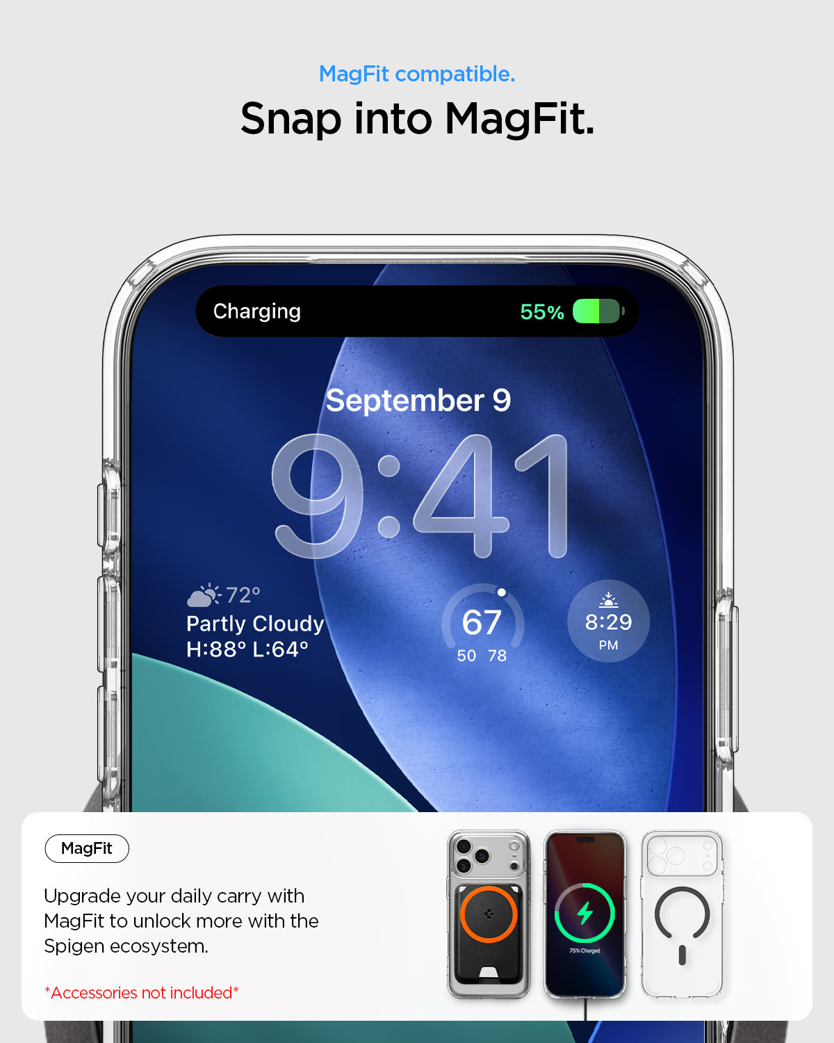 ACS10036 - iPhone 17 Pro Max Ultra Hybrid (MagFit) in Clear Graphite showing magfit compatible. snap into magfit. upgrade your daily carry with magfit to unlock more with the spigen ecosystem.