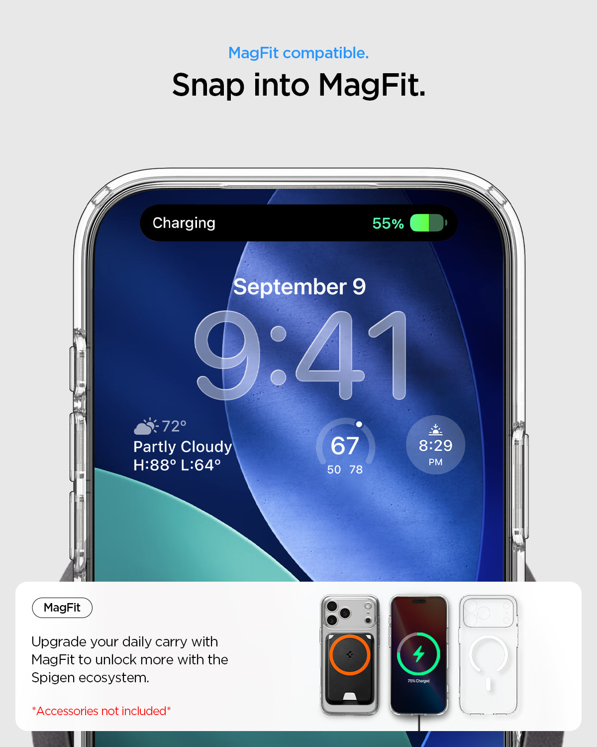 ACS10066 - iPhone 17 Pro Ultra Hybrid (MagFit) in Clear White showing magfit compatible. snap into magfit. upgrade your daily carry with magfit to unlock more with the spigen ecosystem.