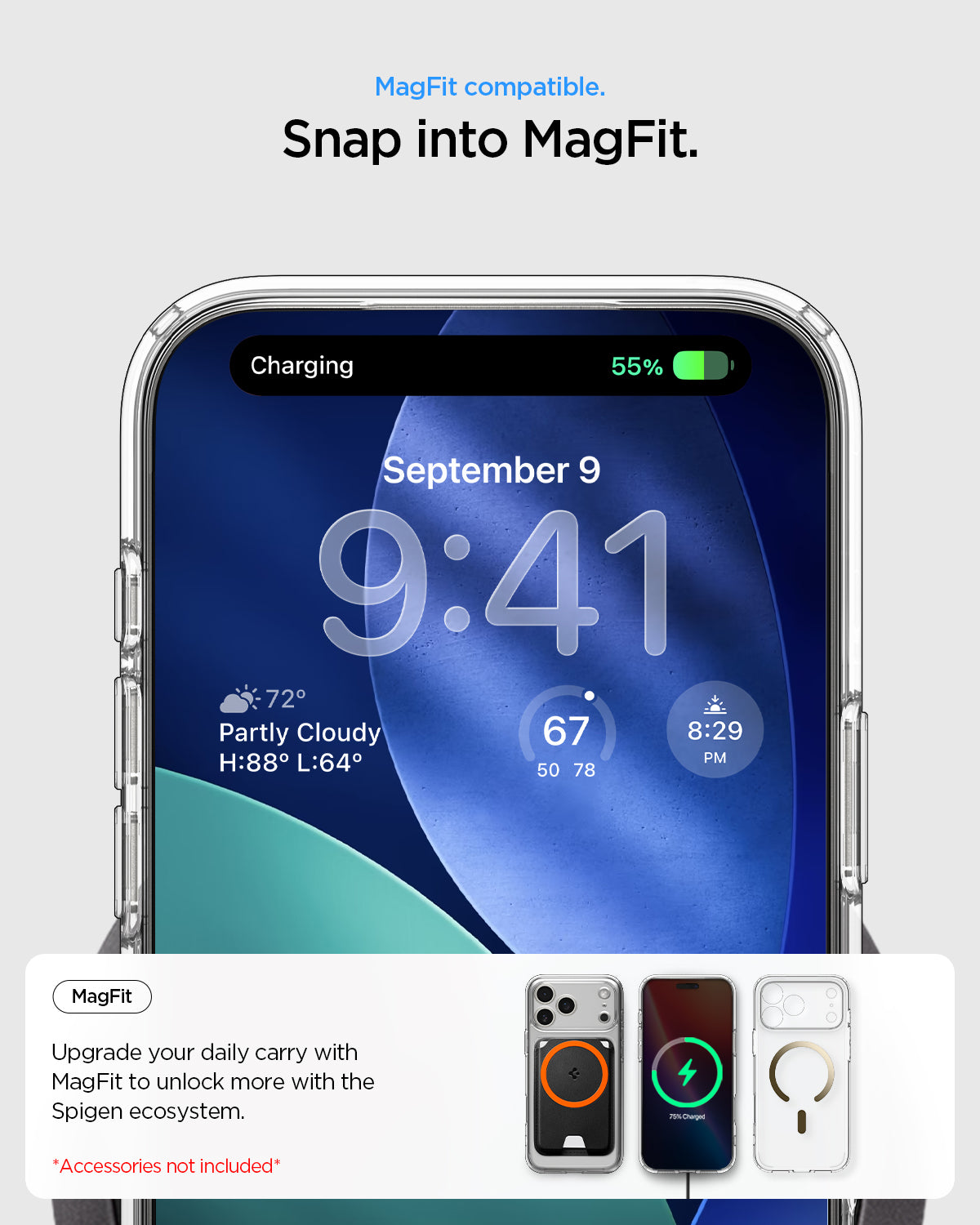 ACS10068 - iPhone 17 Pro Ultra Hybrid (MagFit) in Clear Gold showing magfit compatible. snap into magfit. upgrade your daily carry with magfit to unlock more with the spigen ecosystem.