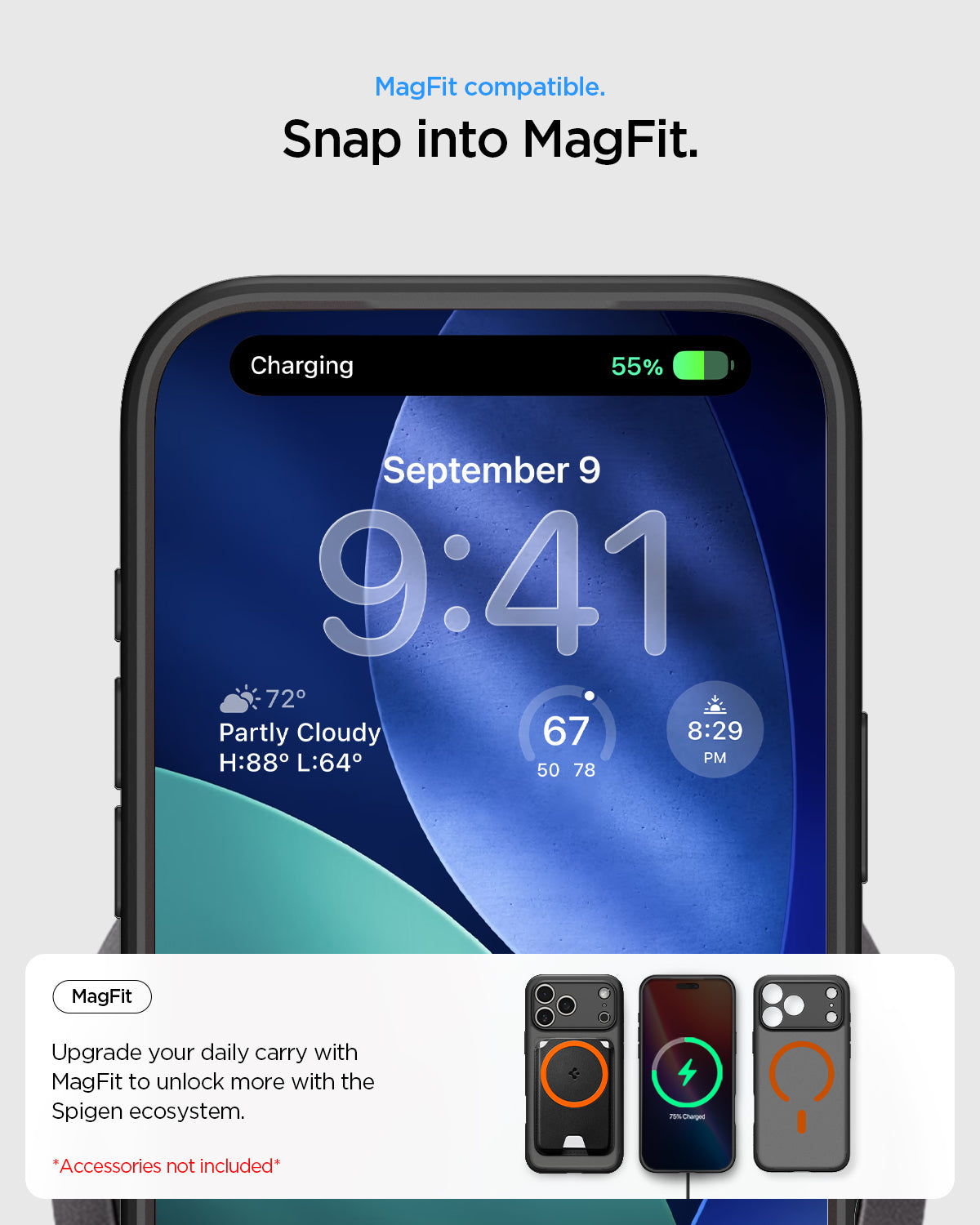 ACS10481 - iPhone 17 Pro Ultra Hybrid (MagFit) in Frost Black Orange showing magfit compatible. snap into magfit. upgrade your daily carry with magfit to unlock more with the spigen ecosystem.