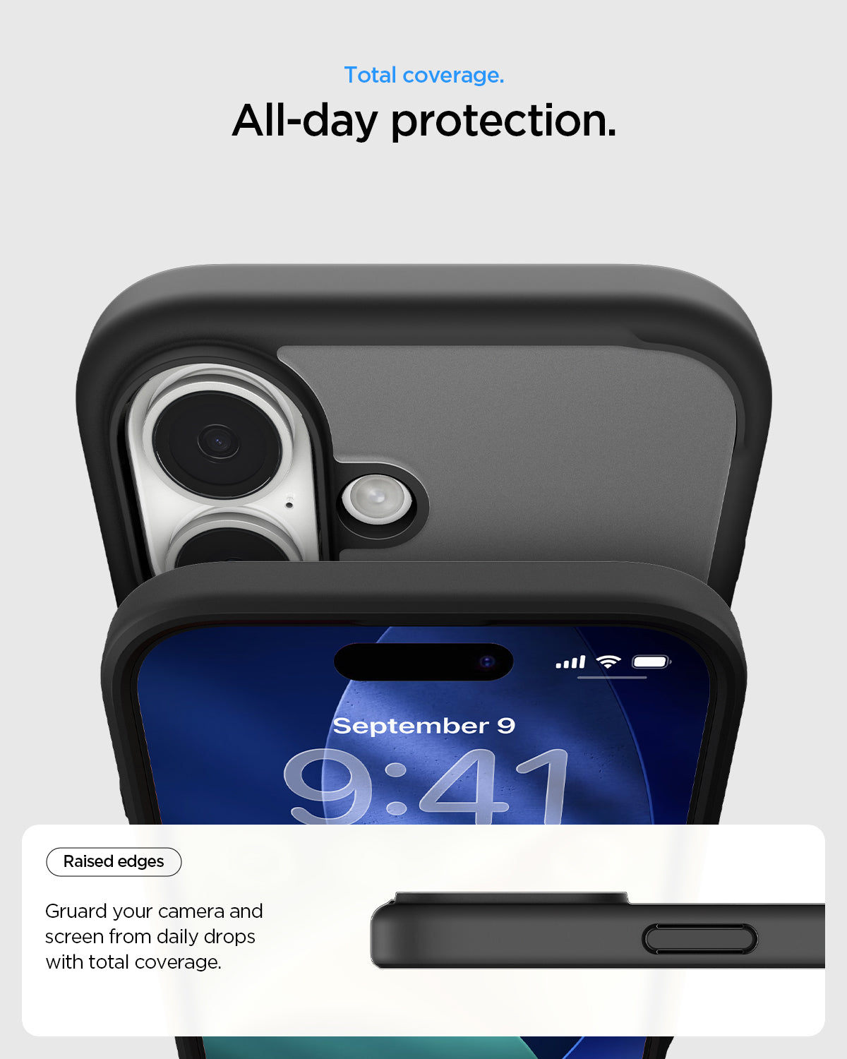 ACS10085 - iPhone 17 Ultra Hybrid (MagFit) in Frost Black showing total coverage. all day protection. raised edges guard your camera and screen from daily drops with total coverage.
