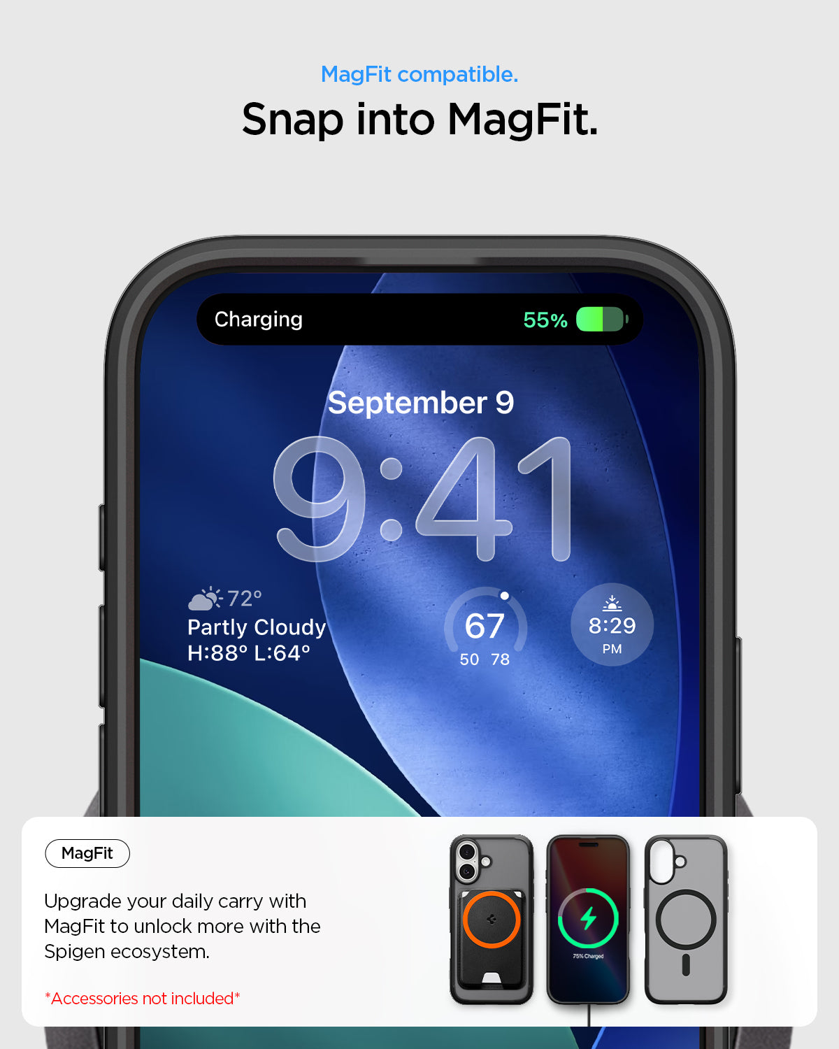 ACS10085 - iPhone 17 Ultra Hybrid (MagFit) in Frost Black showing magfit compatible. snap into magfit. upgrade your daily carry with magfit to unlock more with the spigen ecosystem.