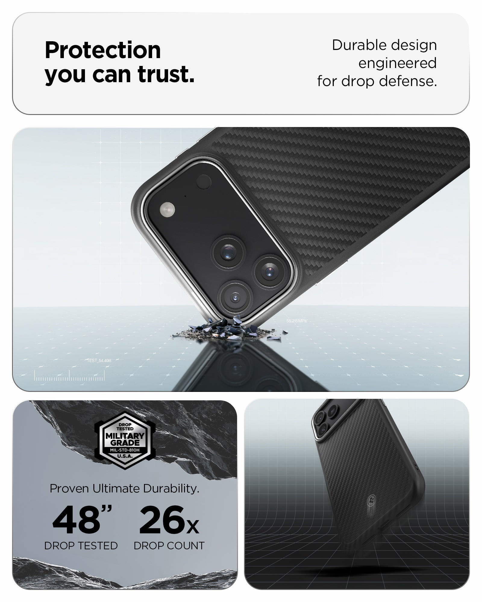 ACS09958 - iPhone 17 Pro Case Enzo Aramid T in black showing the protection you can trust. Durable design engineered for drop defense