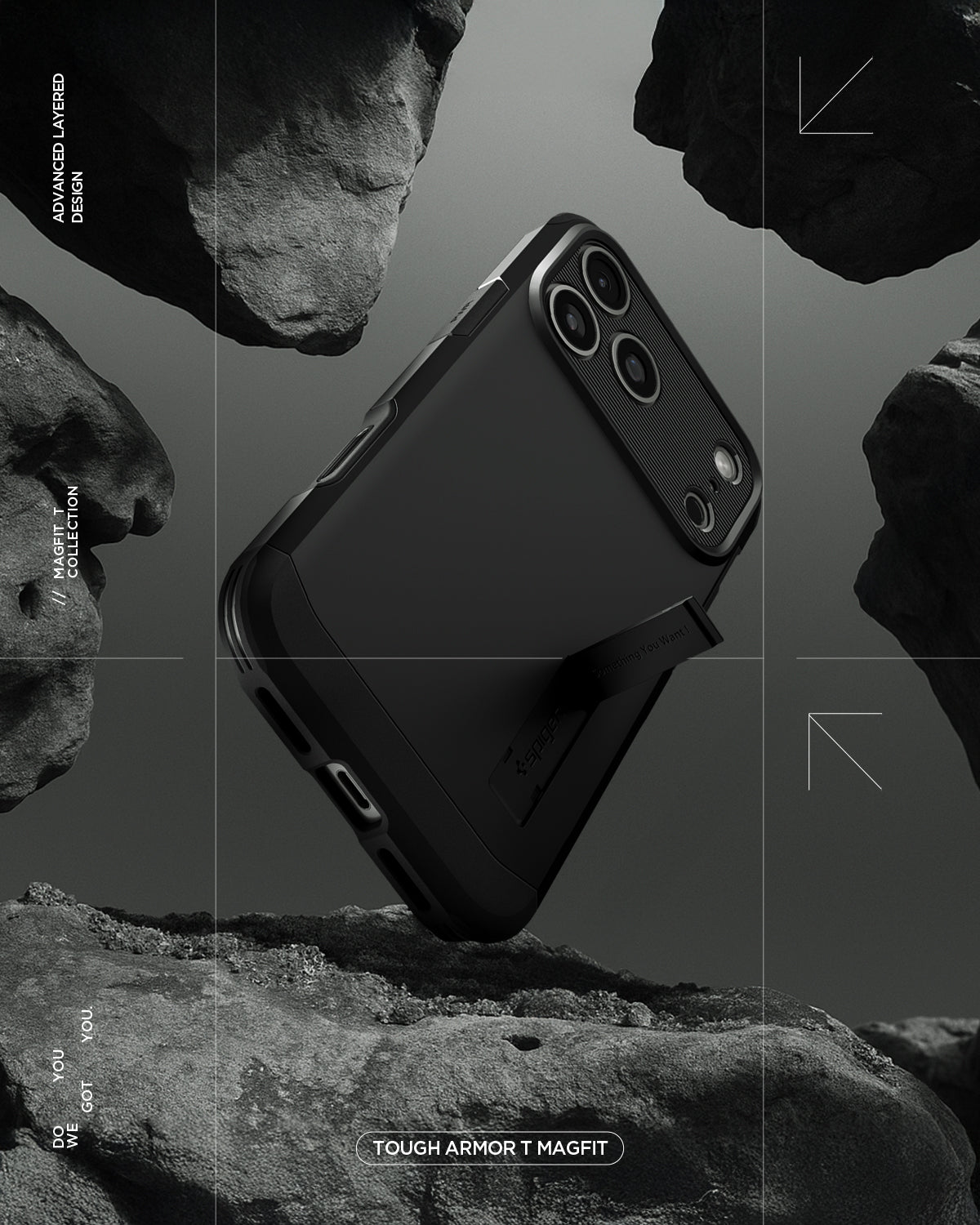 ACS09950 - iPhone 17 Pro Case Tough Armor T AI (MagFit) in black showing the back with kick stand