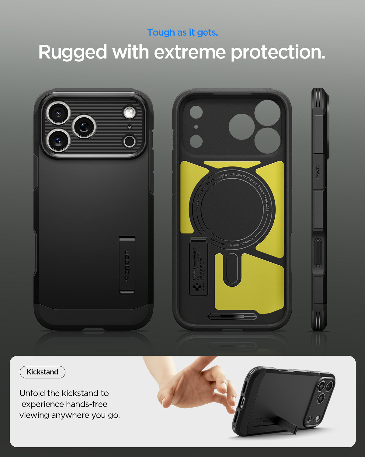 ACS09950 - iPhone 17 Pro Case Tough Armor T AI (MagFit) in black showing rugged with extreme protection. Tough as it gets.