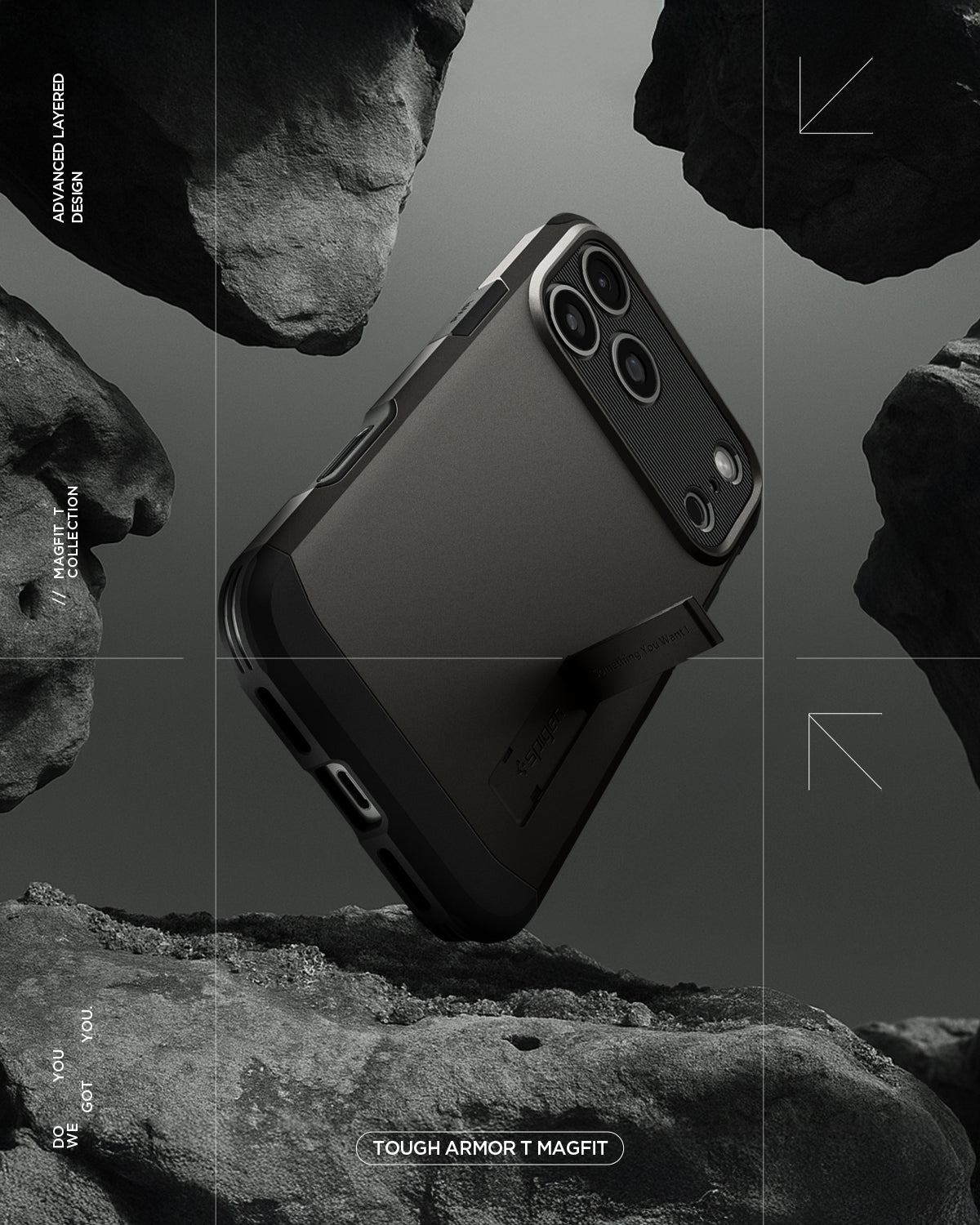 ACS09951 - iPhone 17 Pro Case Tough Armor T AI (MagFit) in gunmetal showing the back with kick stand