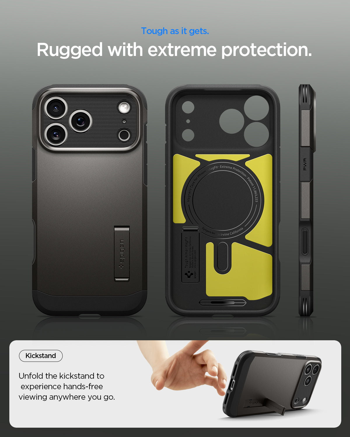 ACS09951 - iPhone 17 Pro Case Tough Armor T AI (MagFit) in gunmetal showing rugged with extreme protection. Tough as it gets.