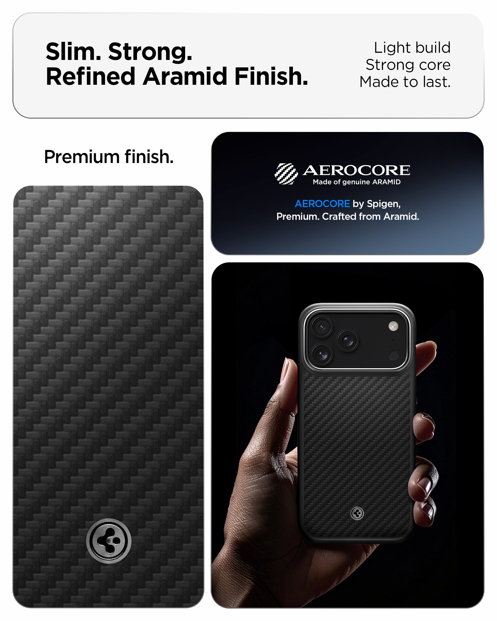 ACS09905 - iPhone 17 Pro Max Case Enzo Aramid T in black showing the slim, strong and refined aramid finish. Light build, strong core and made to last.