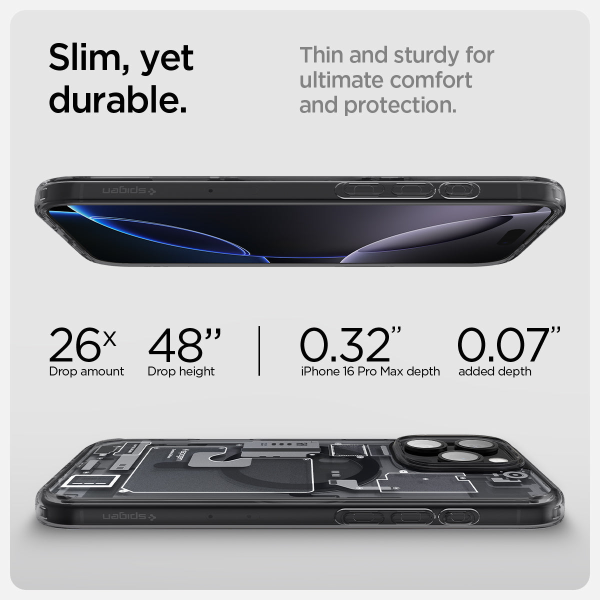 ACS08004 - iPhone 16 Pro Max Case Ultra Hybrid Zero One (MagFit) in Zero One slim yet durable. thin and sturdy for ultimate comfort and protection. drop amount, drop height, iPhone pro max depth. added depth.