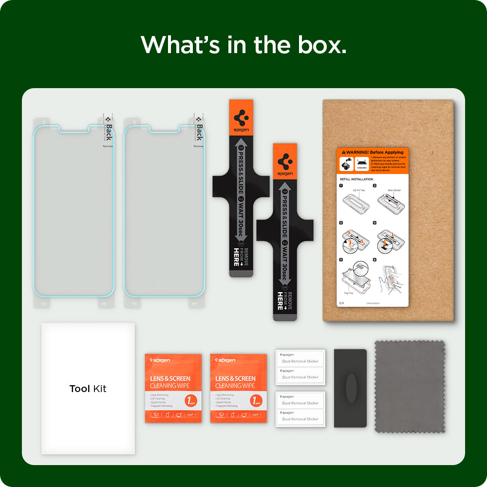 AGL04420 - iPhone 13 Mini EZ Fit GLAS.tR Refill in Clear showing what's in the box. 2 screen protectors, installation manual, tool kit, cleaning wipes, dust sticker and microfiber cloth