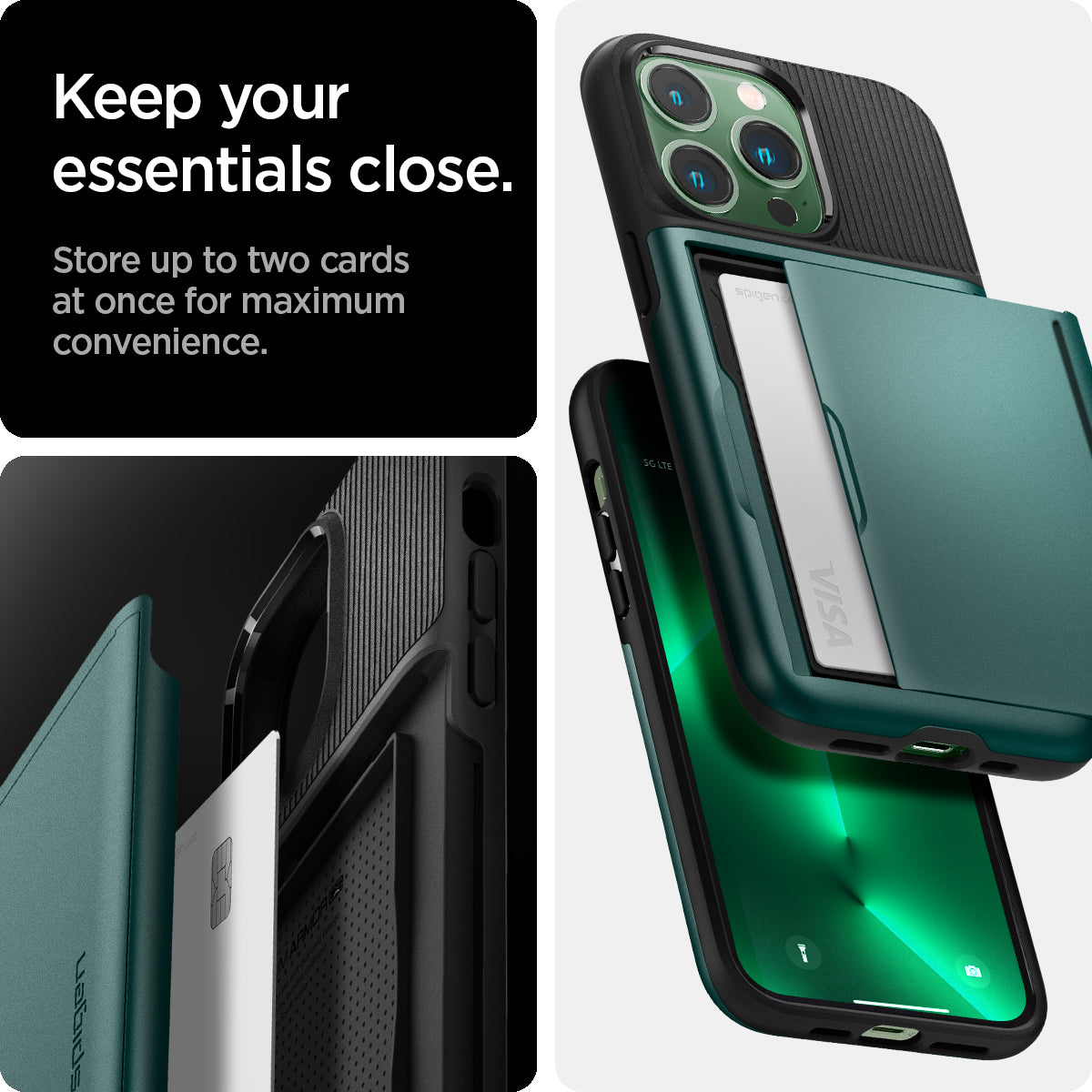 ACS04561 - iPhone 13 Pro Case Slim Armor CS in midnight green showing keep your essentials close. Store up to two cards at once for maximum convenience.
