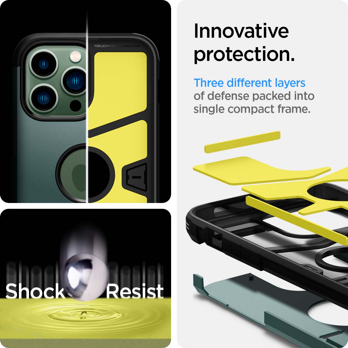 ACS04564 - iPhone 13 Pro Max Case Tough Armor in midnight green showing the innovative protection. Three different layers of defense packed into single compact frame