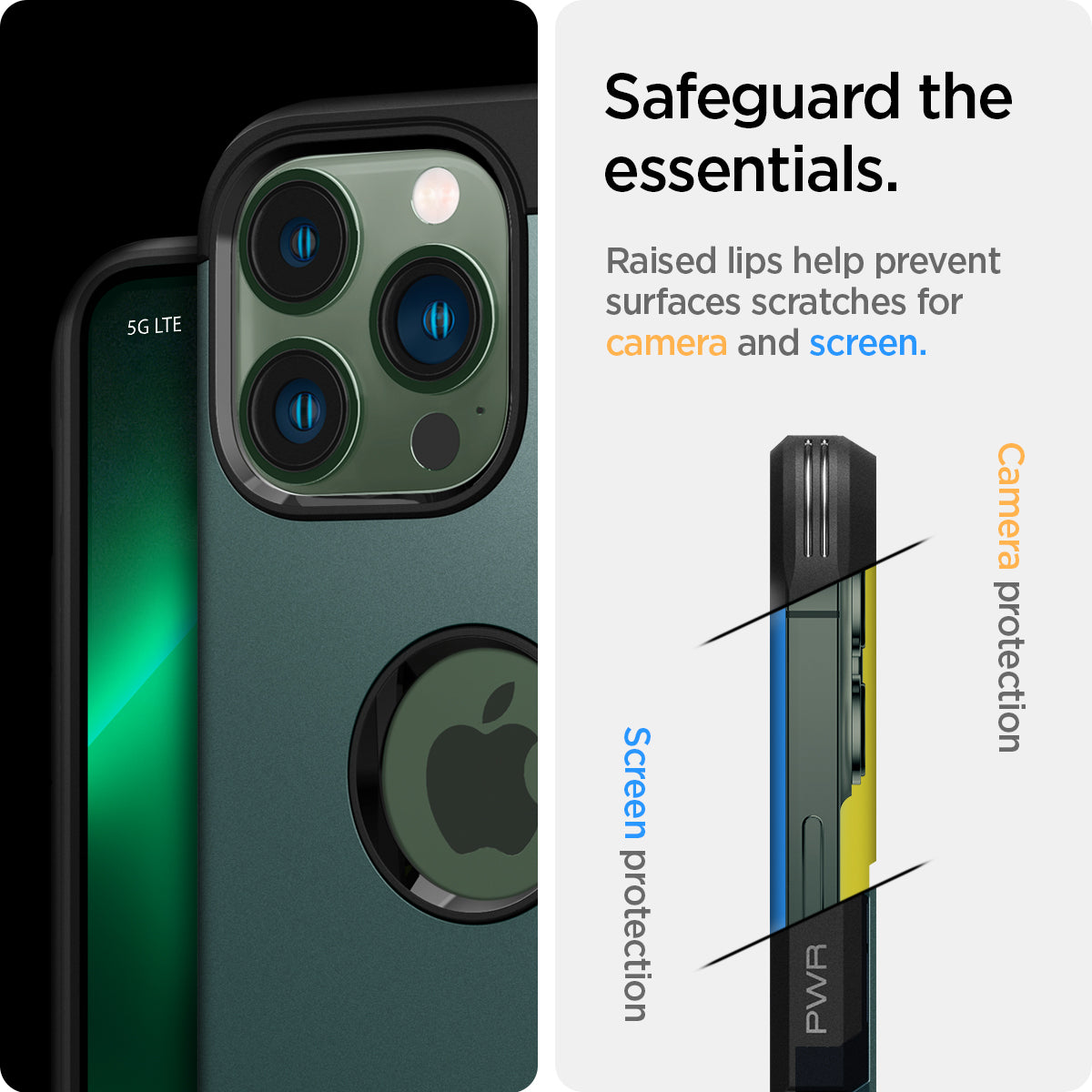 ACS04564 - iPhone 13 Pro Max Case Tough Armor in midnight green showing safeguard the essentials. Raised lips help prevent surfaces scratches for camera and screen.