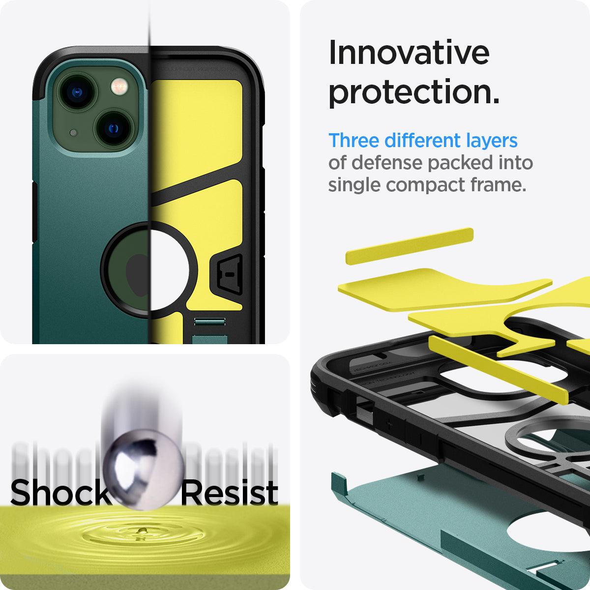 ACS04566 - iPhone 13 Case Tough Armor in midnight green showing the innovative protection. Three different layers of defense packed into single compact frame