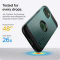 ACS04566 - iPhone 13 Case Tough Armor in midnight green showing tested for every drops. Air Cushion Technology absorbs and mitigates all impacts in each corner. Dropped from 48