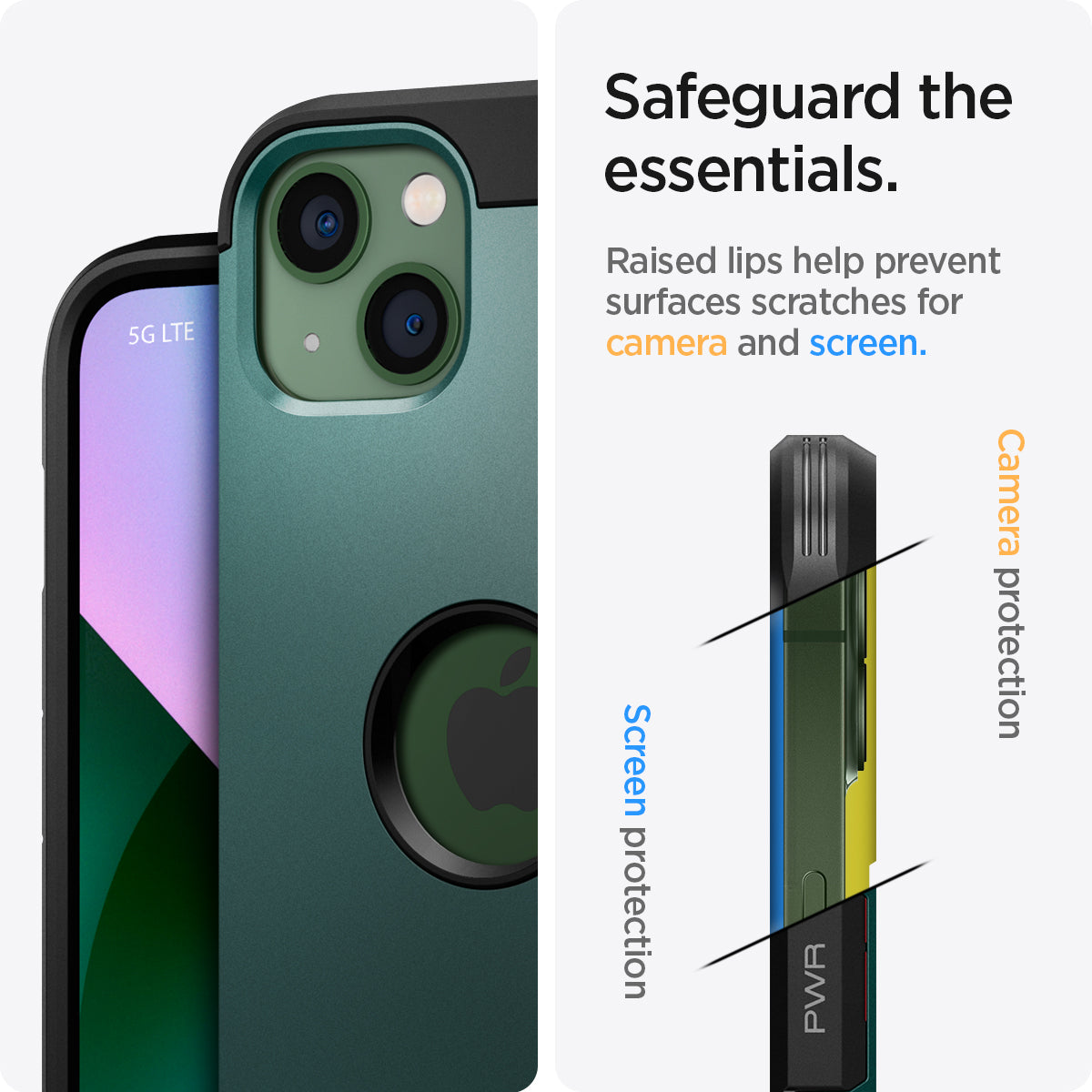 ACS04566 - iPhone 13 Case Tough Armor in midnight green showing safeguard the essentials. Raised lips help prevent surfaces scratches for camera and screen.