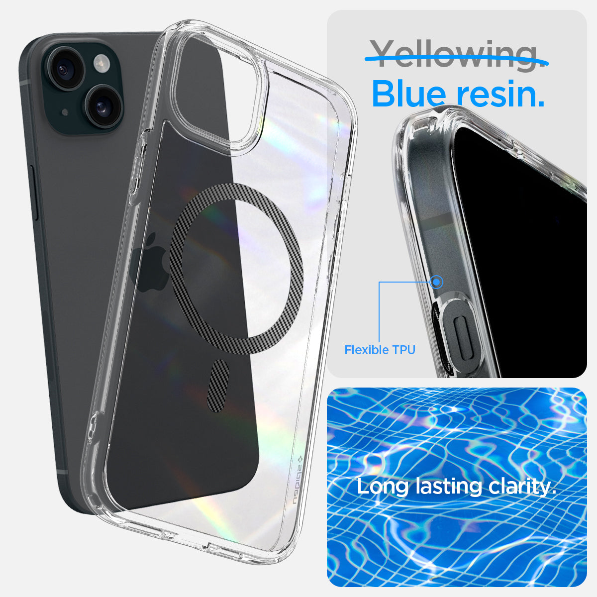 ACS06663 - iPhone 15 Plus Case Ultra Hybrid (MagFit) in carbon fiber blue resin. long lasting clarity.