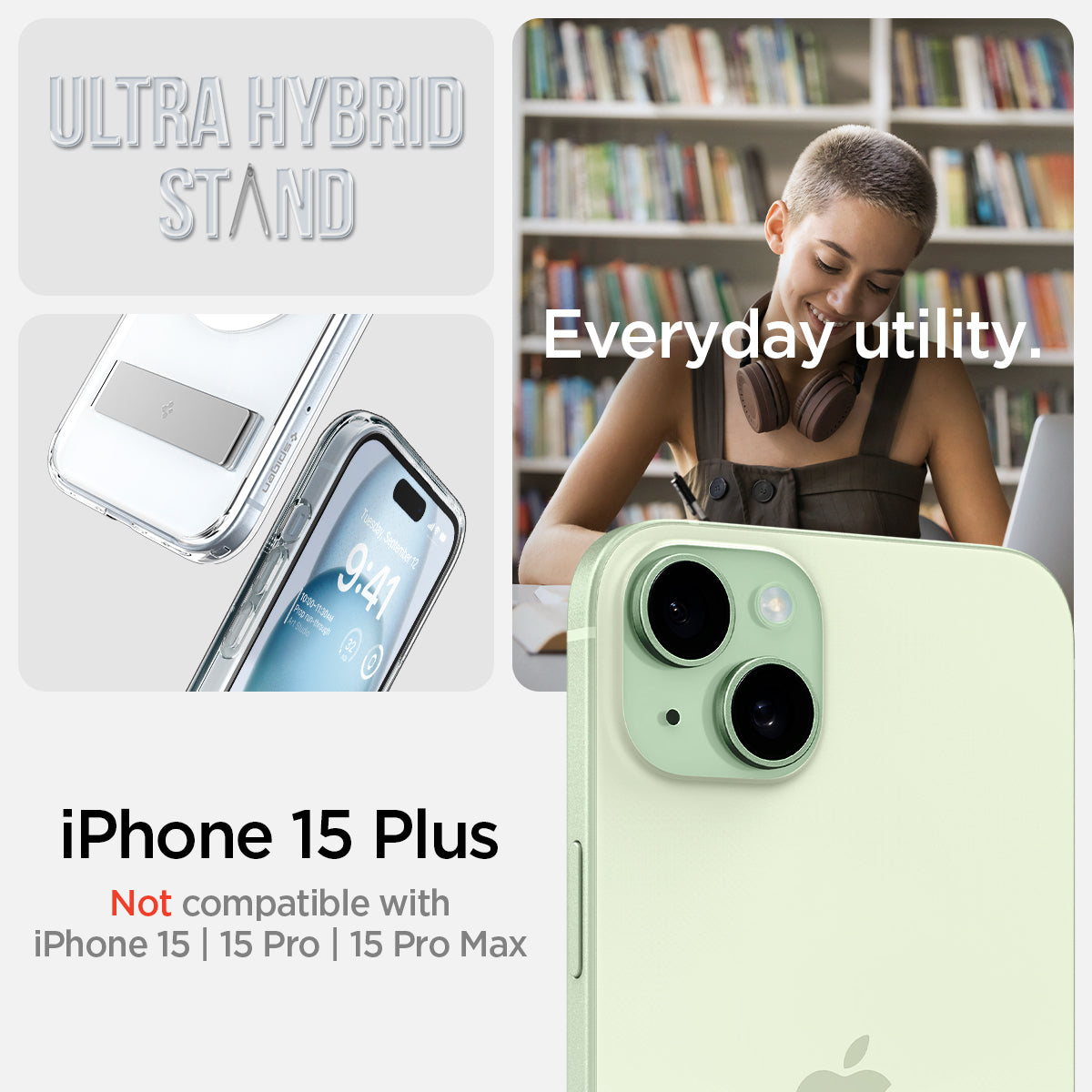 ACS06665 - iPhone 15 Plus Case Ultra Hybrid S (MagFit) in crystal clear showing the compatibility only with iPhone 15 Plus. Not compatible with iPhone 15 | 15 Pro | 15 Pro Max