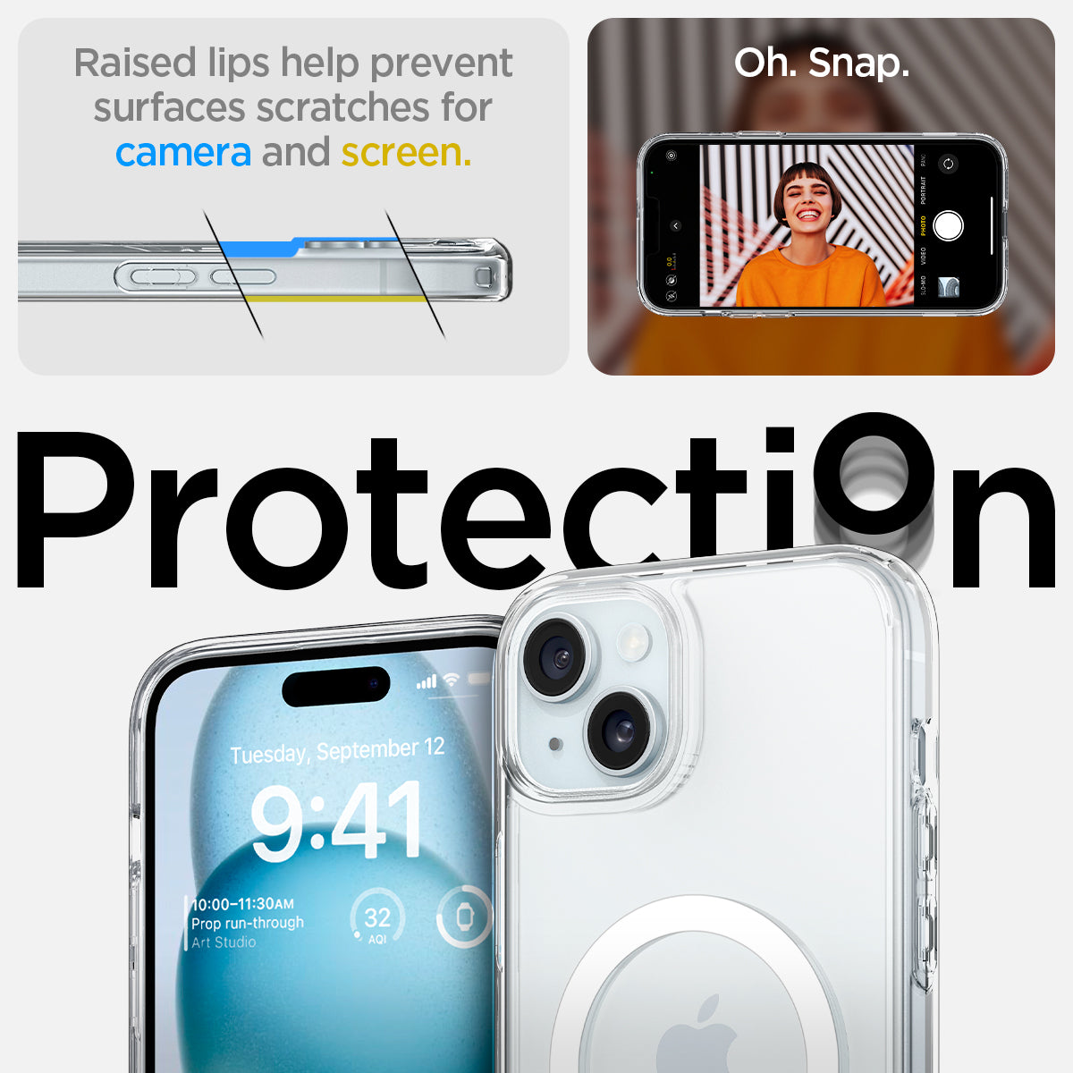 ACS06665 - iPhone 15 Plus Case Ultra Hybrid S (MagFit) in crystal clear showing the raised lips help prevent surfaces scratches for camera and screen