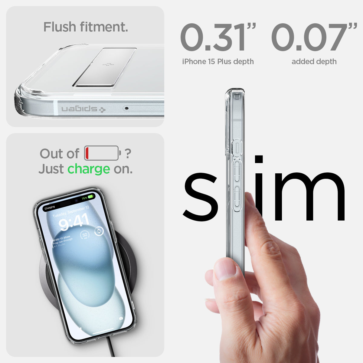 ACS06665 - iPhone 15 Plus Case Ultra Hybrid S (MagFit) in crystal clear showing the flush fitment. 0.31" device depth | 0.07" added depth