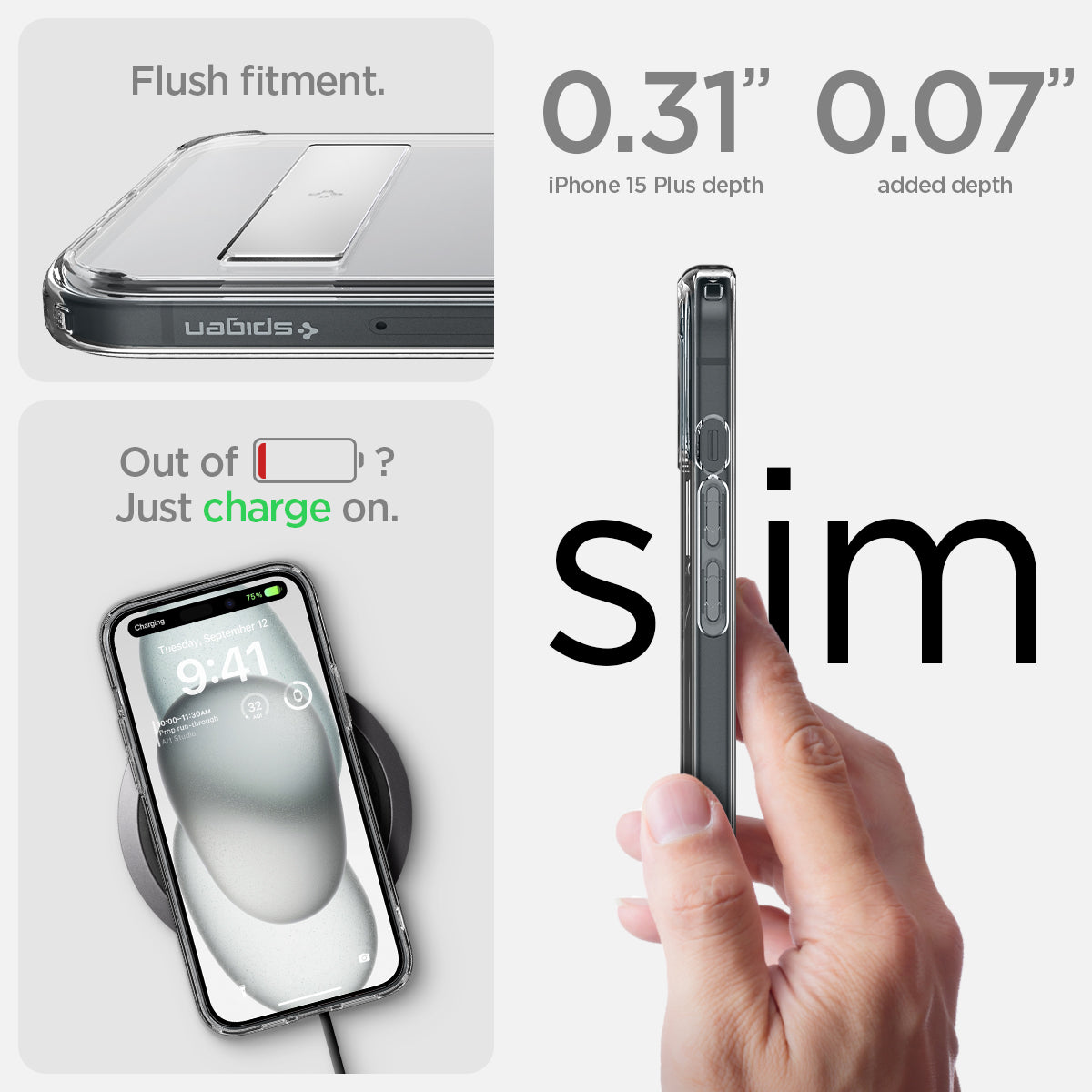 ACS06666 - iPhone 15 Plus Case Ultra Hybrid S (MagFit) in black showing the flush fitment. 0.31" device depth | 0.07" added depth