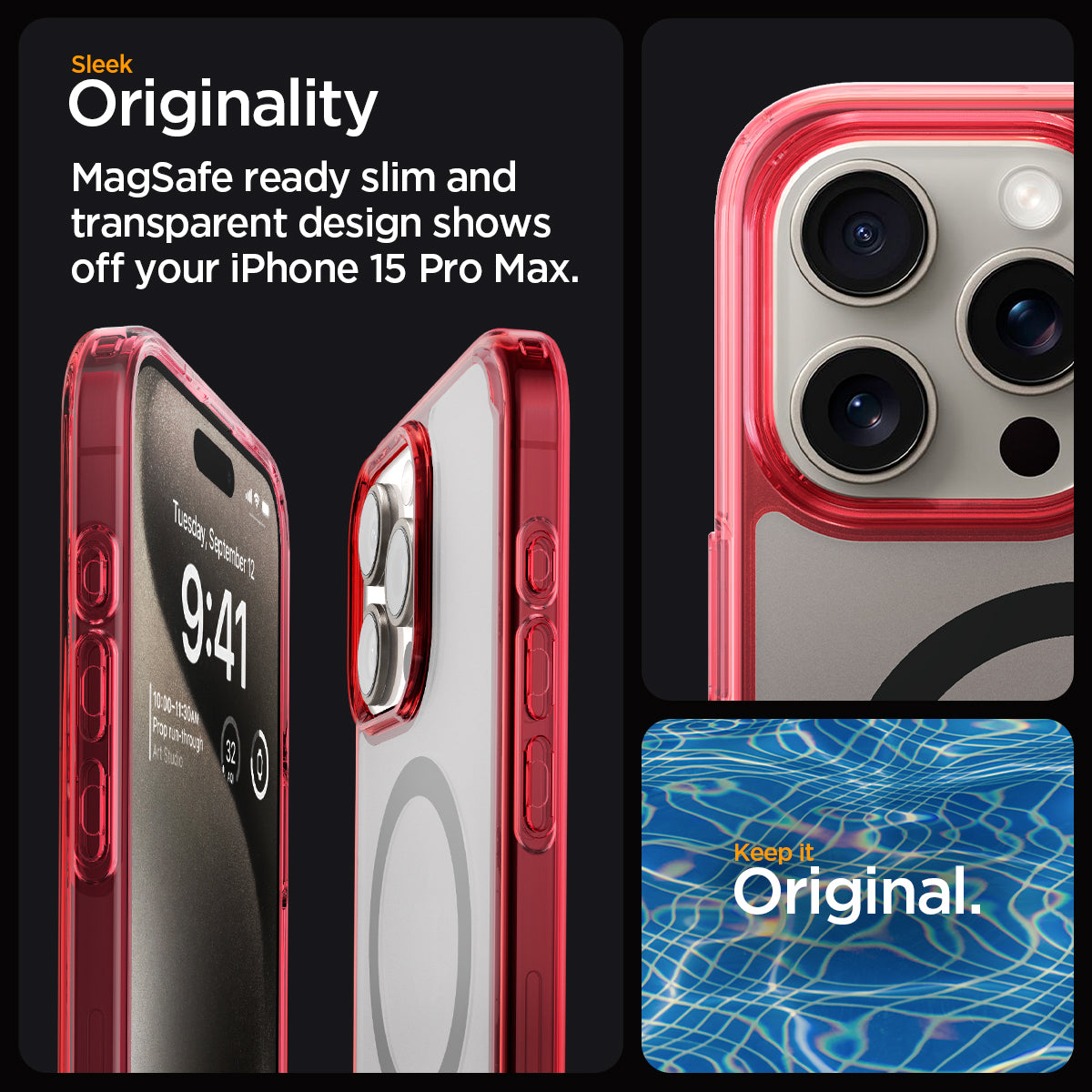 ACS07056 - iPhone 15 Pro Max Case Ultra Hybrid (MagFit) in frost deep red sleek originality. Magsafe ready slim and transparent design shows off your iPhone 15 pro max. keep it original.