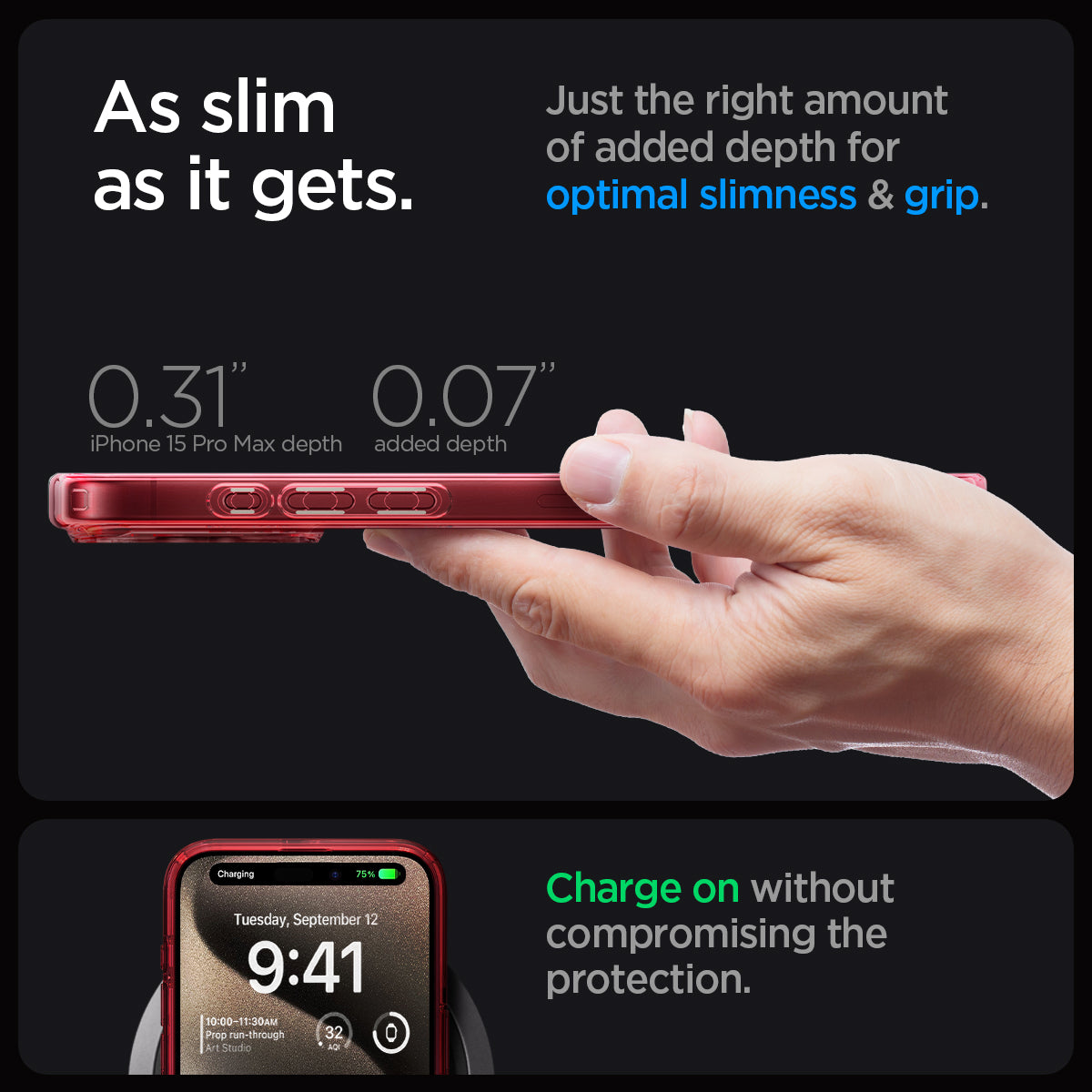 ACS07056 - iPhone 15 Pro Max Case Ultra Hybrid (MagFit) in frost deep red as slim as it gets. just the right amount of added depth for optimal slimness and grip. charge on without compromising the protection.