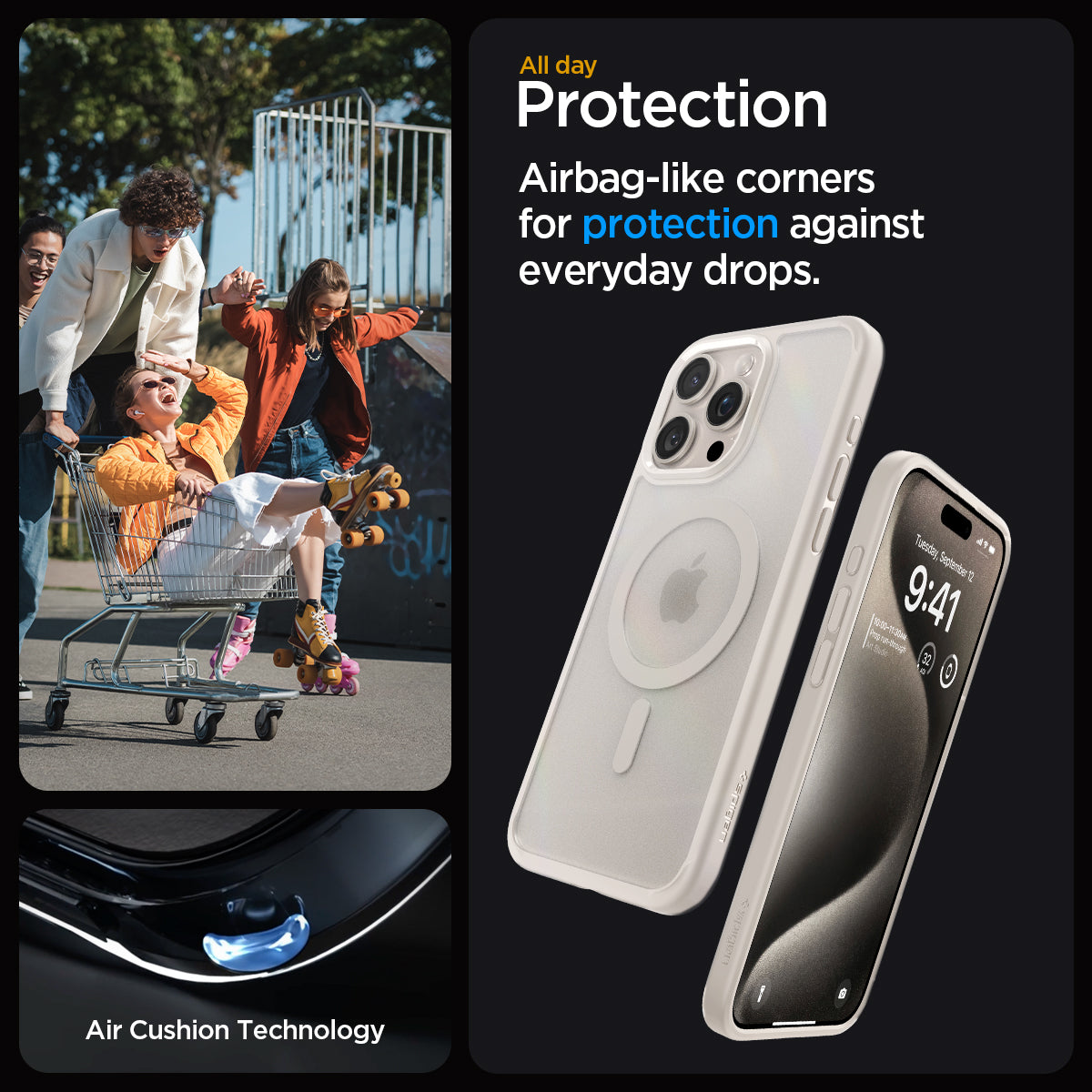 ACS07210 - iPhone 15 Pro Max Case Ultra Hybrid (MagFit) in Frost Natural Titanium all day protection. Airbag like corners for protection against everyday drops. air cushion technology.